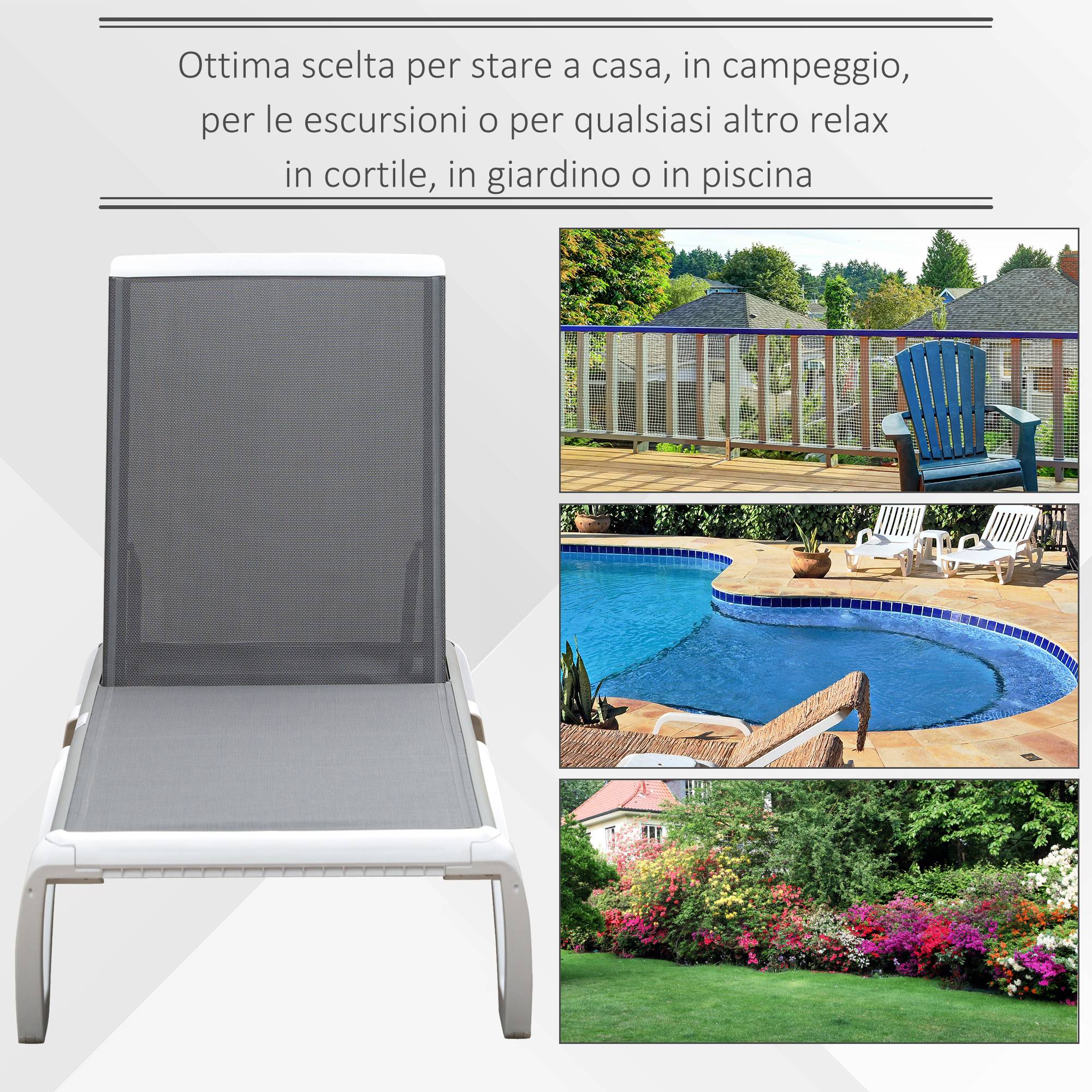 Lit de bronzage dossier inclinable avec roues arrière, 195x67,5x33 cm, gris et blanc - Image 9