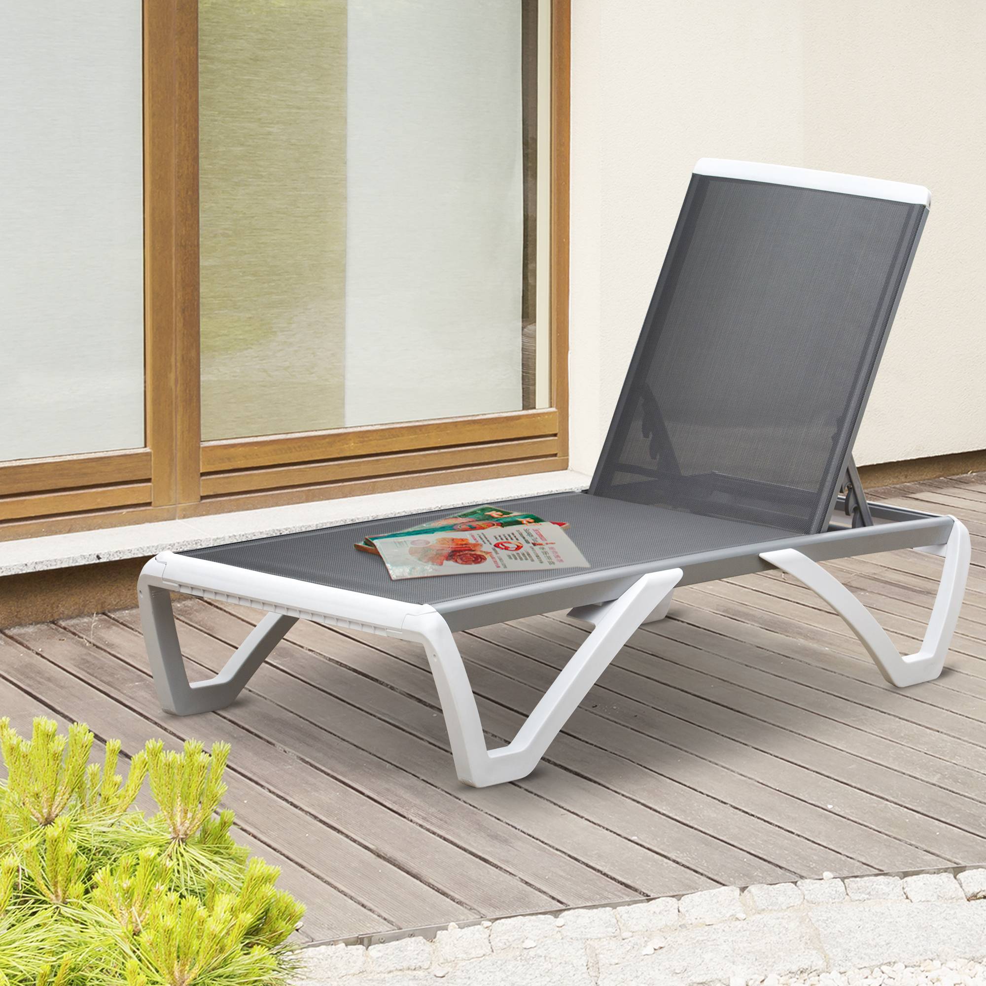 Lit de bronzage dossier inclinable avec roues arrière, 195x67,5x33 cm, gris et blanc - Image 3