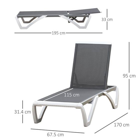 Lit de bronzage dossier inclinable avec roues arrière, 195x67,5x33 cm, gris et blanc - Image 5