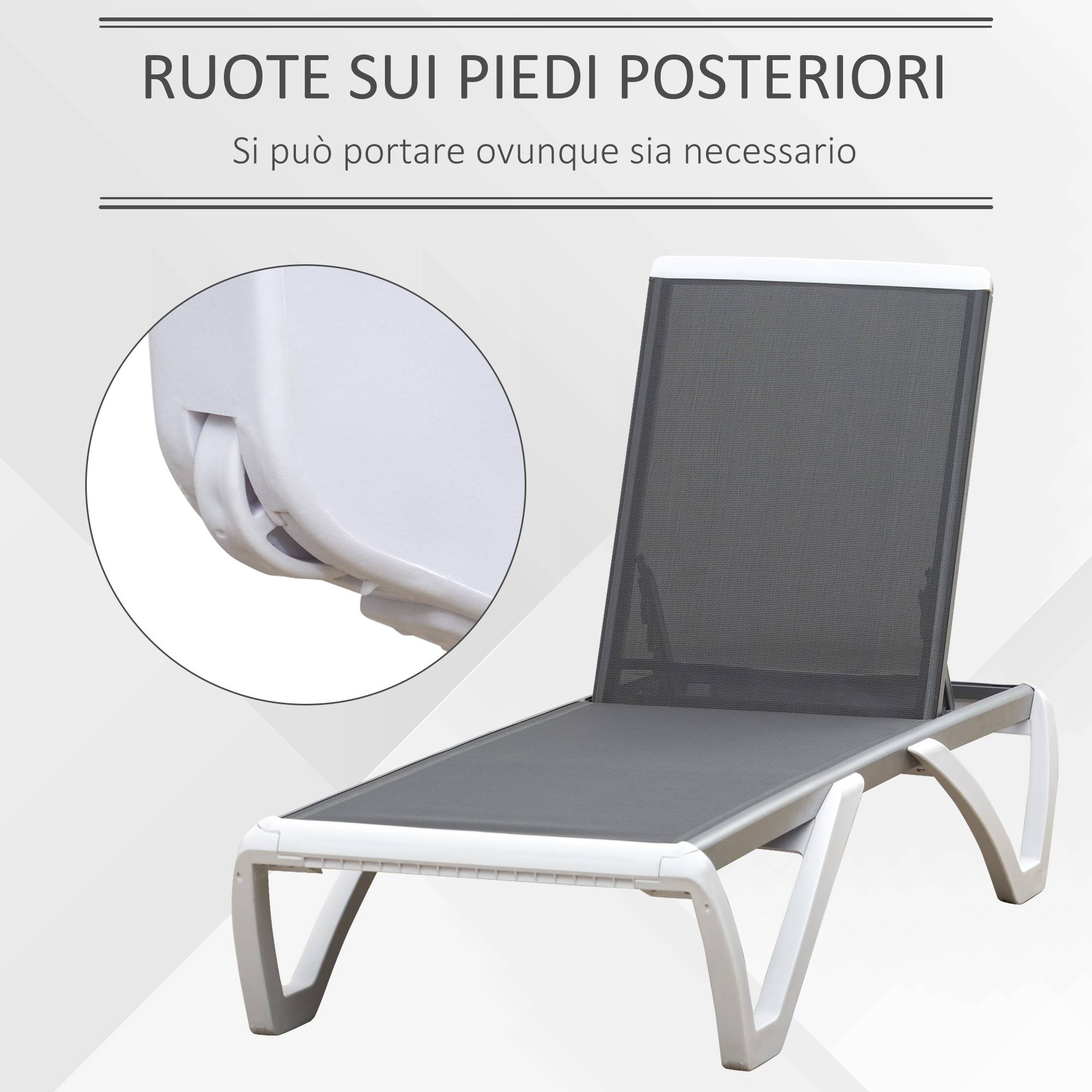 Lit de bronzage dossier inclinable avec roues arrière, 195x67,5x33 cm, gris et blanc - Image 8