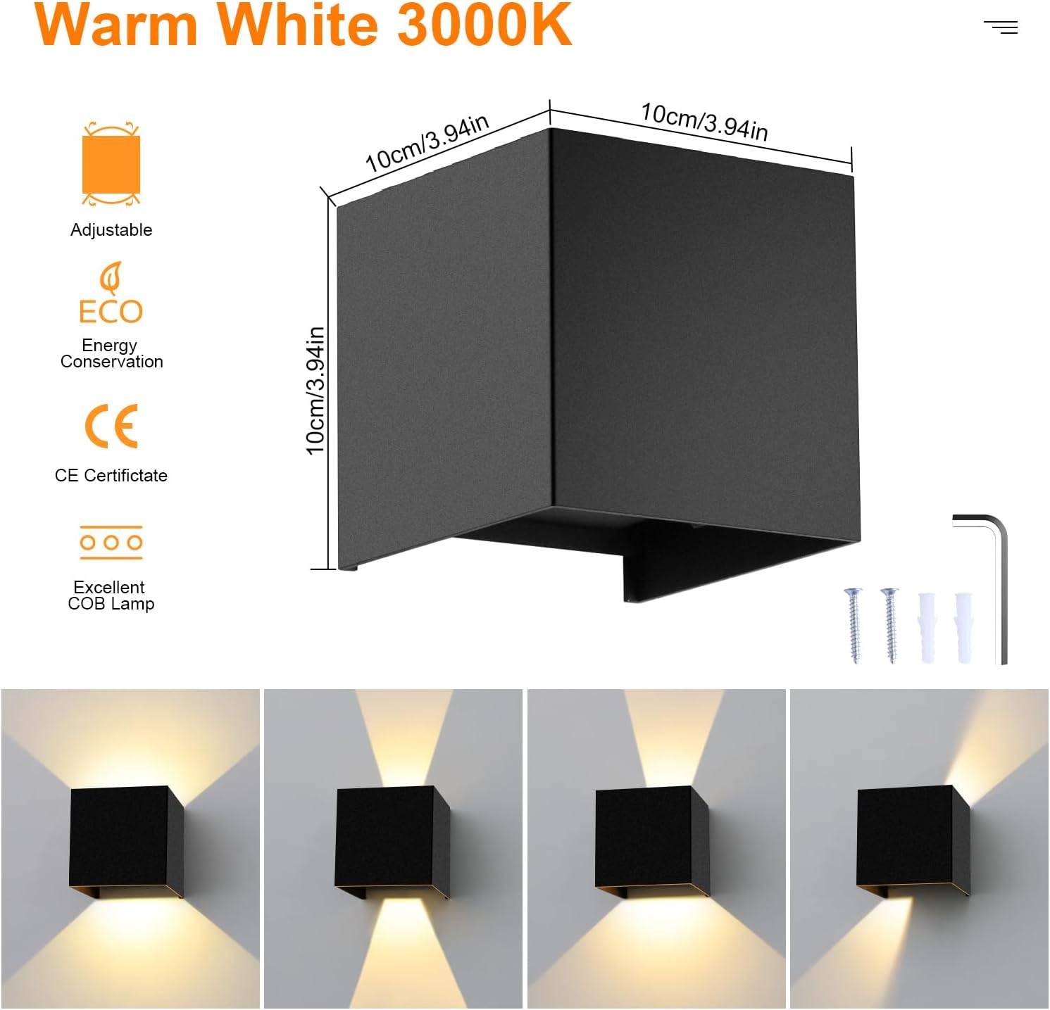 8 in 1 - Lot de 4 appliques murales LED extérieures 12 W, 3000 K, IP65, angle réglable - Image 3