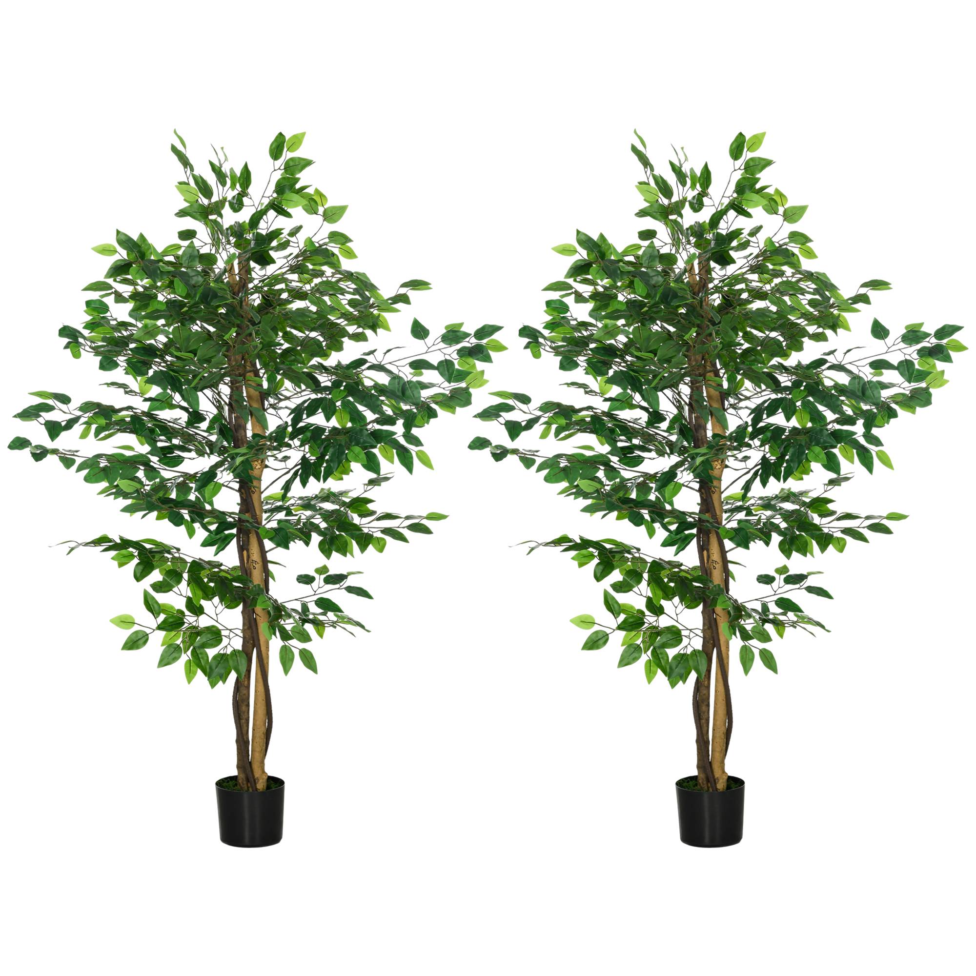 Lot de 2 plantes artificielles ficus hauteur 1,50 m tronc branches liane lichen feuilles grand réalisme pot inclus vert - Image 1