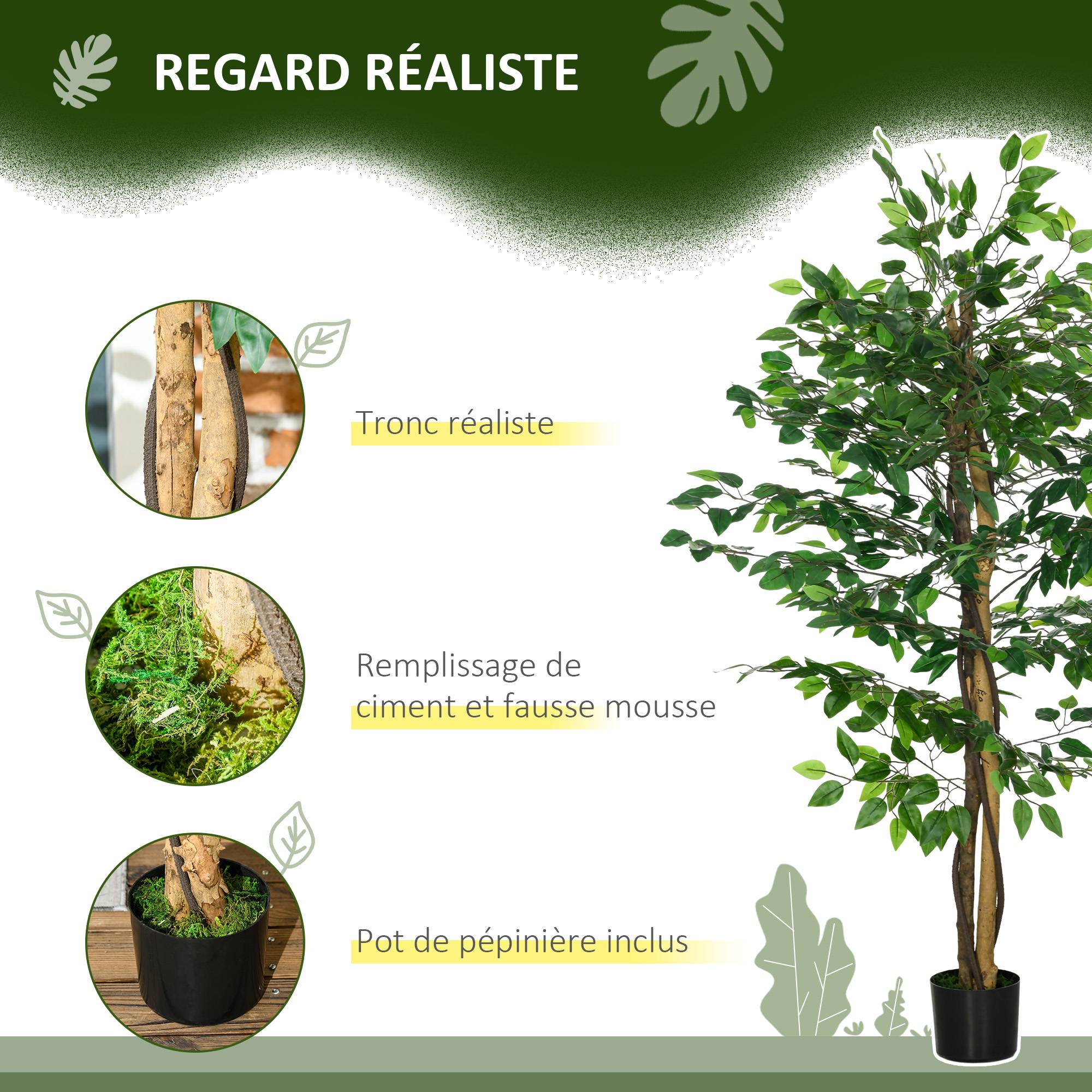 Lot de 2 plantes artificielles ficus hauteur 1,50 m tronc branches liane lichen feuilles grand réalisme pot inclus vert - Image 6