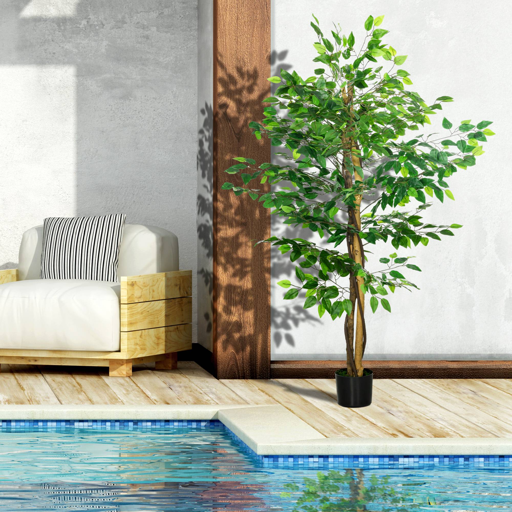 Lot de 2 plantes artificielles ficus hauteur 1,50 m tronc branches liane lichen feuilles grand réalisme pot inclus vert - Image 9