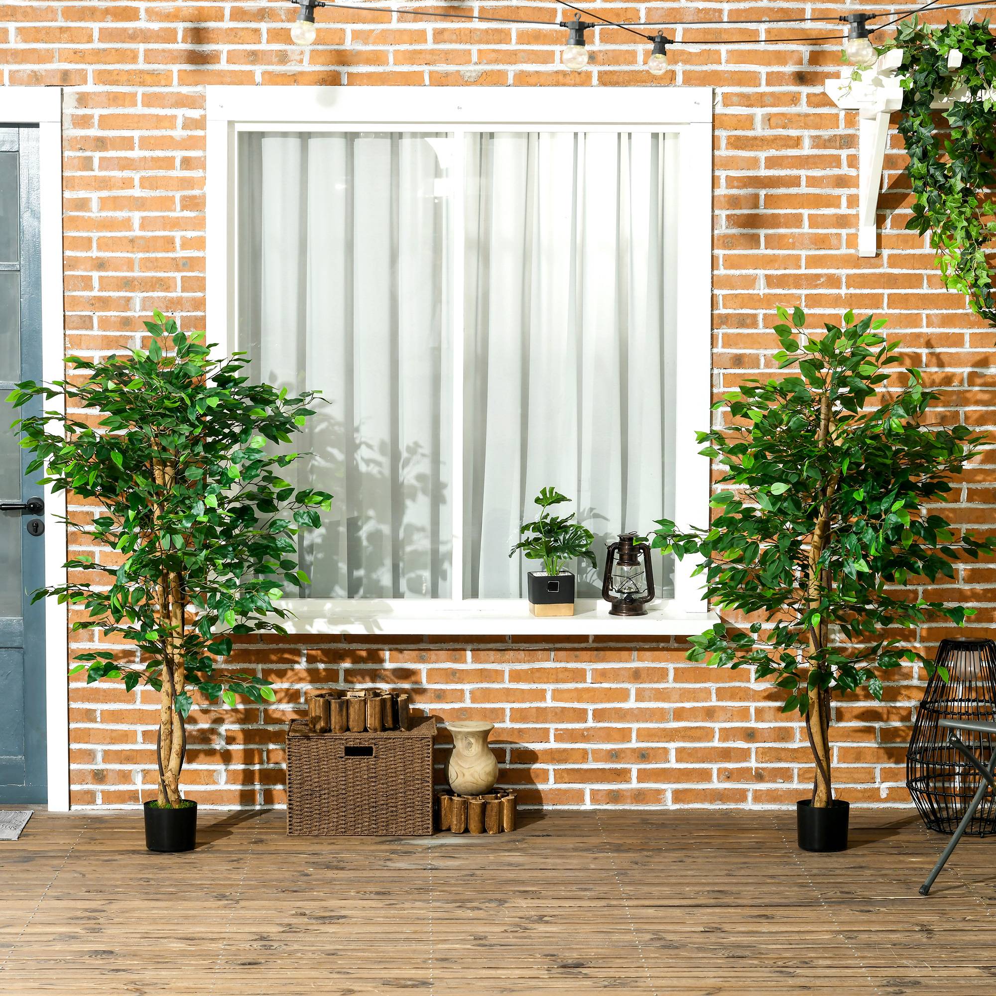 Lot de 2 plantes artificielles ficus hauteur 1,50 m tronc branches liane lichen feuilles grand réalisme pot inclus vert - Image 8