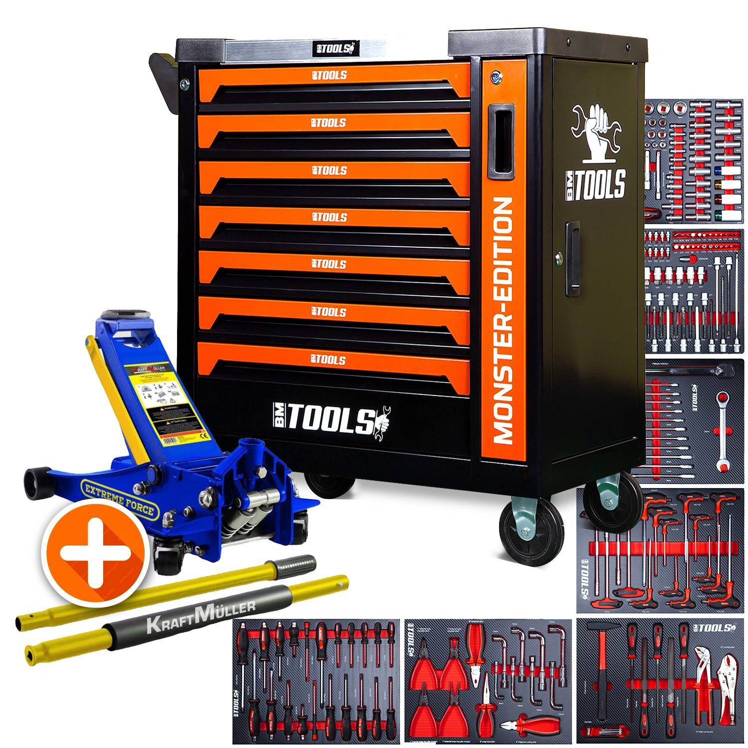 Servante d'atelier BM TOOLS 9/7 MONSTER-EDITION-ORANGE 7 tiroirs pleins 257 outils + Cric hydraulique Kraft Muller 2,25T Bleu - Image 1