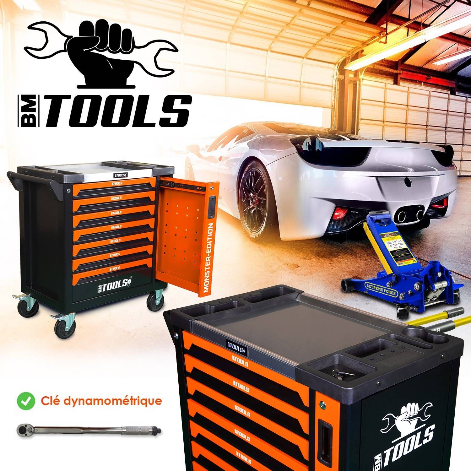 Servante d'atelier BM TOOLS 9/7 MONSTER-EDITION-ORANGE 7 tiroirs pleins 257 outils + Cric hydraulique Kraft Muller 2,25T Bleu - Image 3