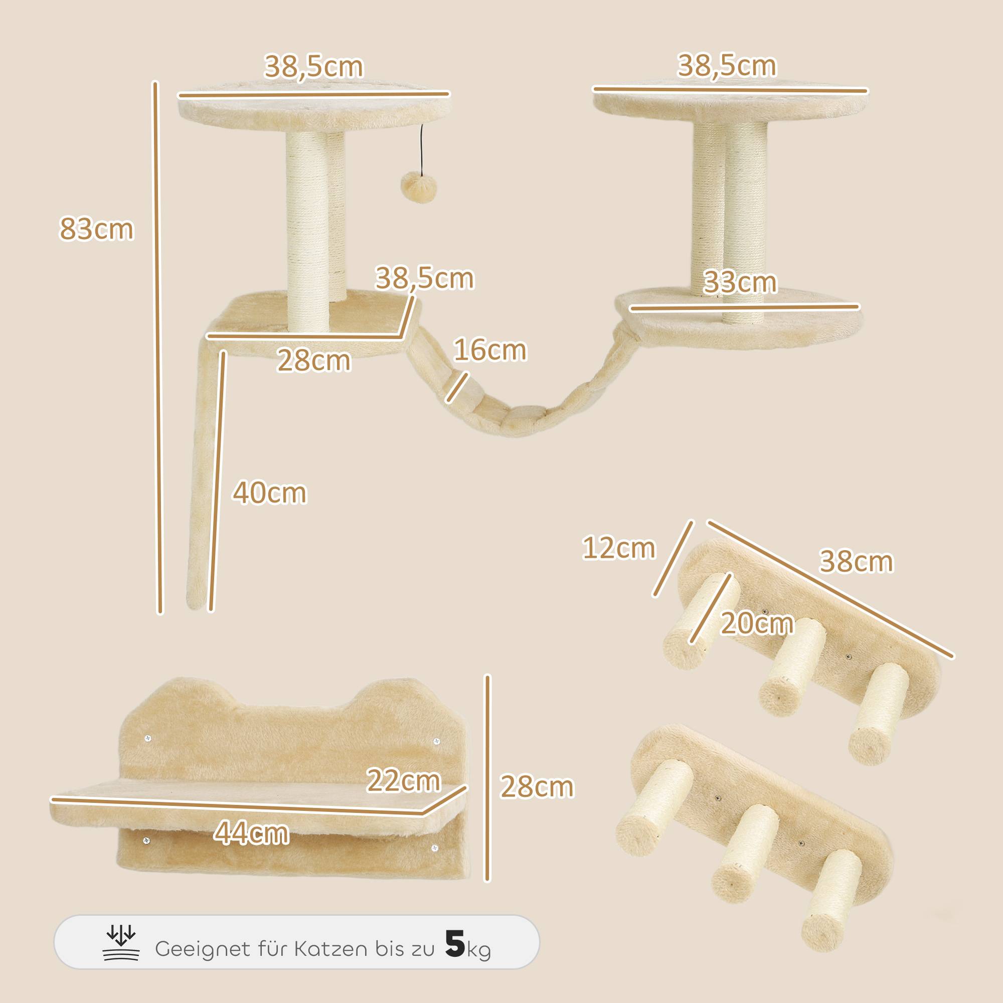 Set d'escalade mural pour chat en bois plateformes nuage et escaliers 158cm beige - ComfortXL Outdoor Living - Image 5