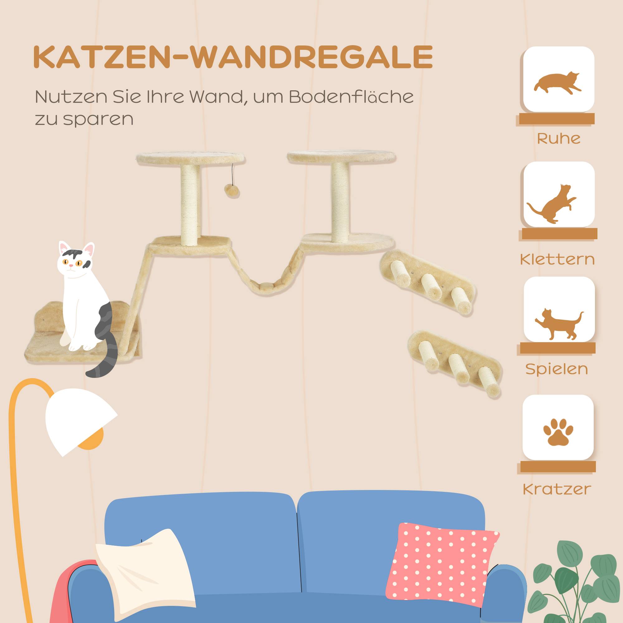 Set d'escalade mural pour chat en bois plateformes nuage et escaliers 158cm beige - ComfortXL Outdoor Living - Image 6