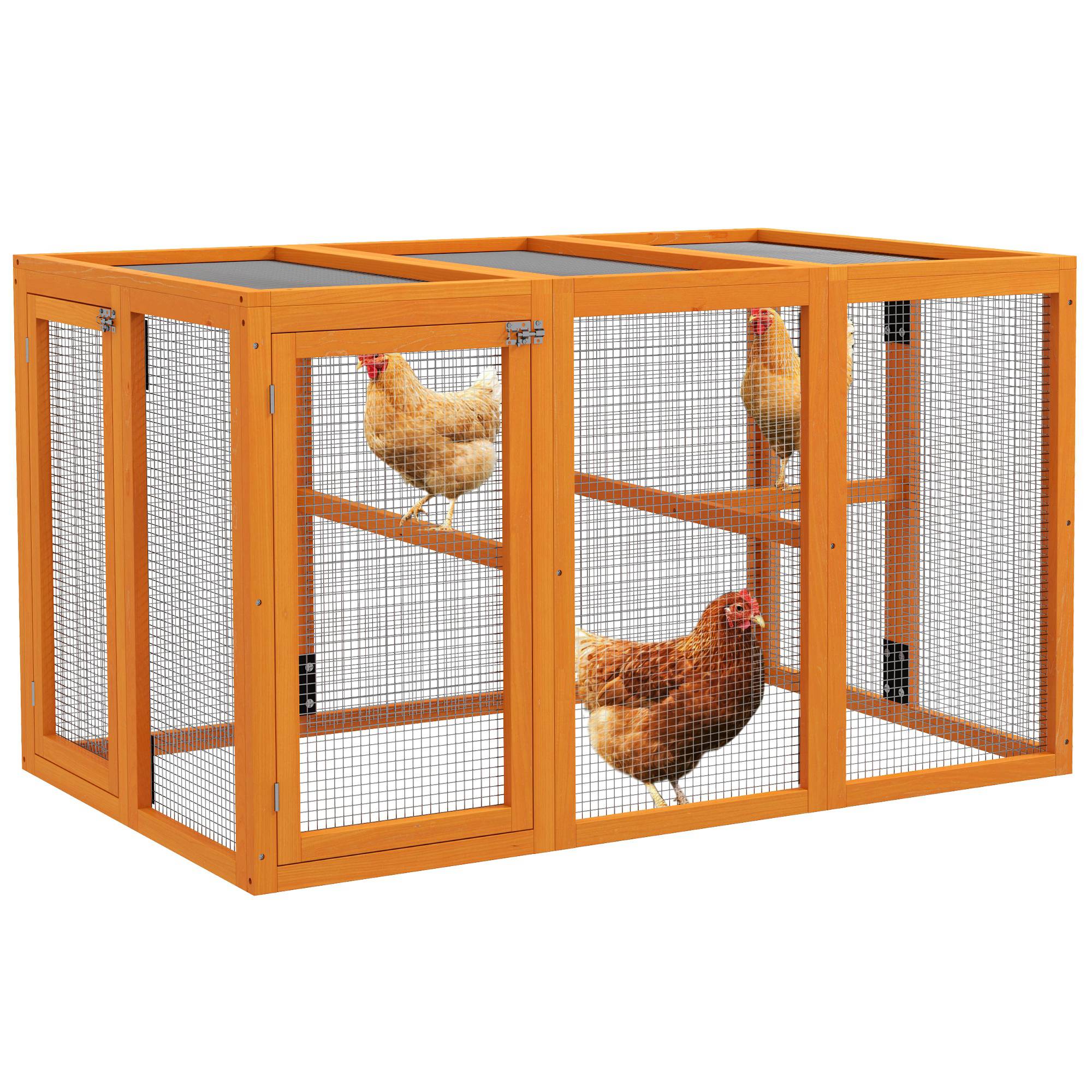 Poulailler 1-3 poules, cadre bois, fil acier, extensible, perchoirs, orange