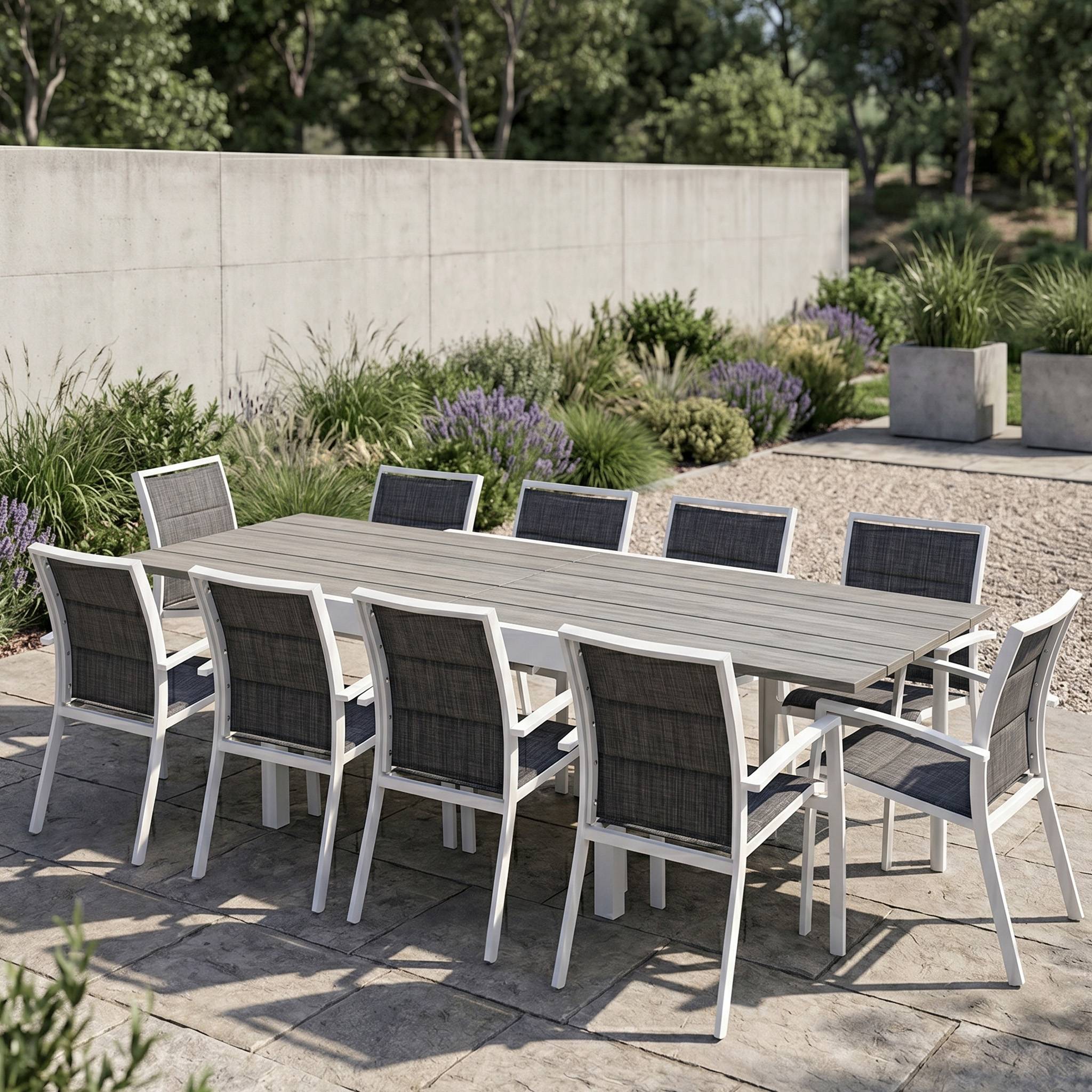 Wilsa Garden - Ensemble MODULO 6/10p en aluminium blanc et verre décors bois avec 10 fauteuils en textilène - Image 1