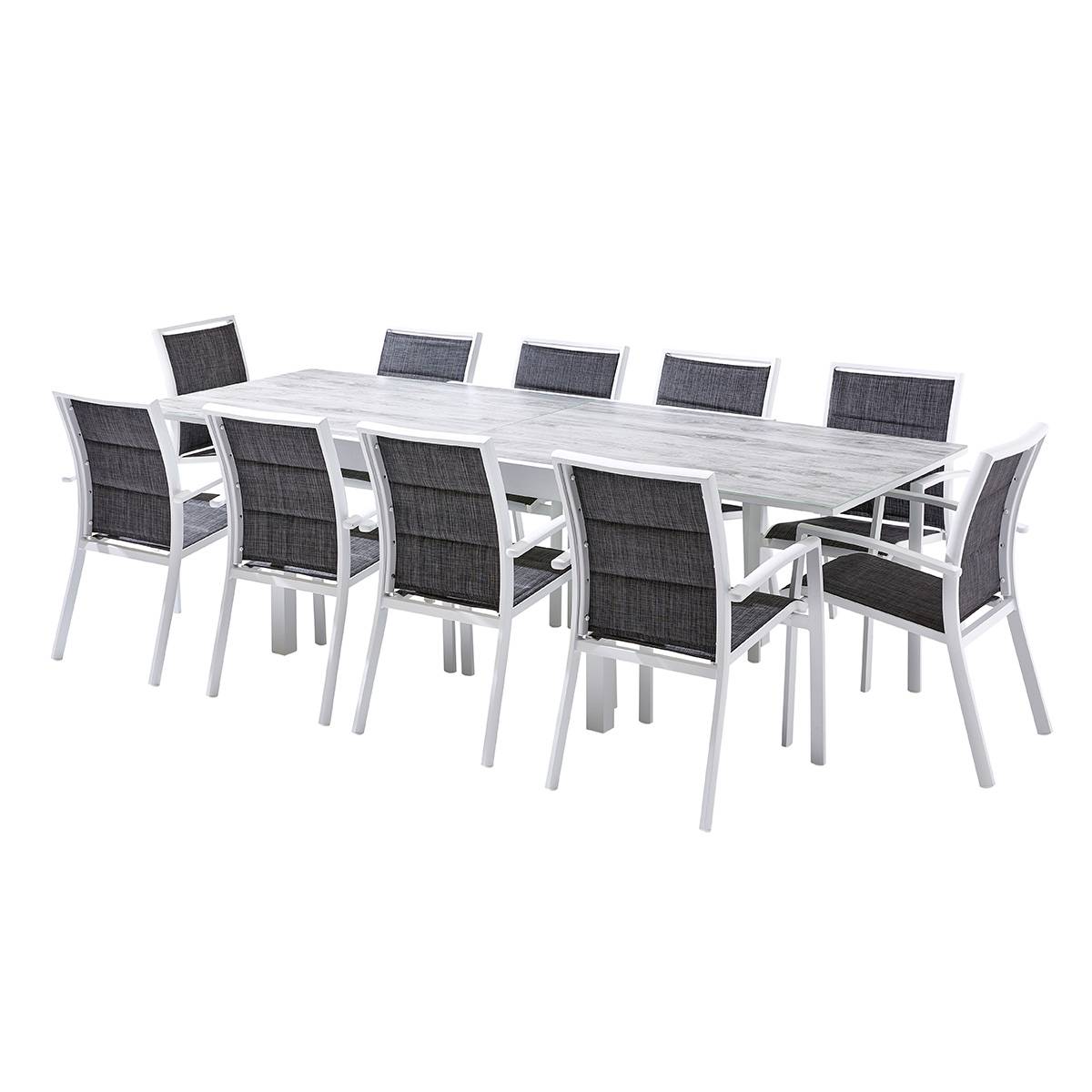 Wilsa Garden - Ensemble MODULO 6/10p en aluminium blanc et verre décors bois avec 10 fauteuils en textilène - Image 2