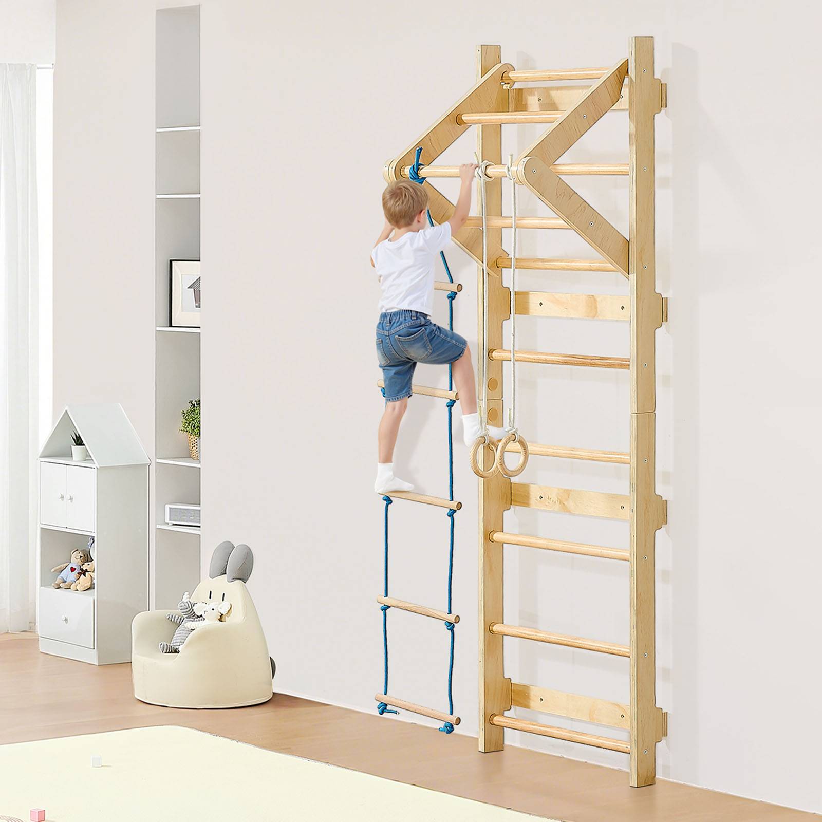 Vevor - VEVOR Espalier mural en bois massif 8 niveaux, 4-en-1 avec barre, anneaux et échelle de corde, charge 100 kg, aire de jeux intérieure. - Image 8