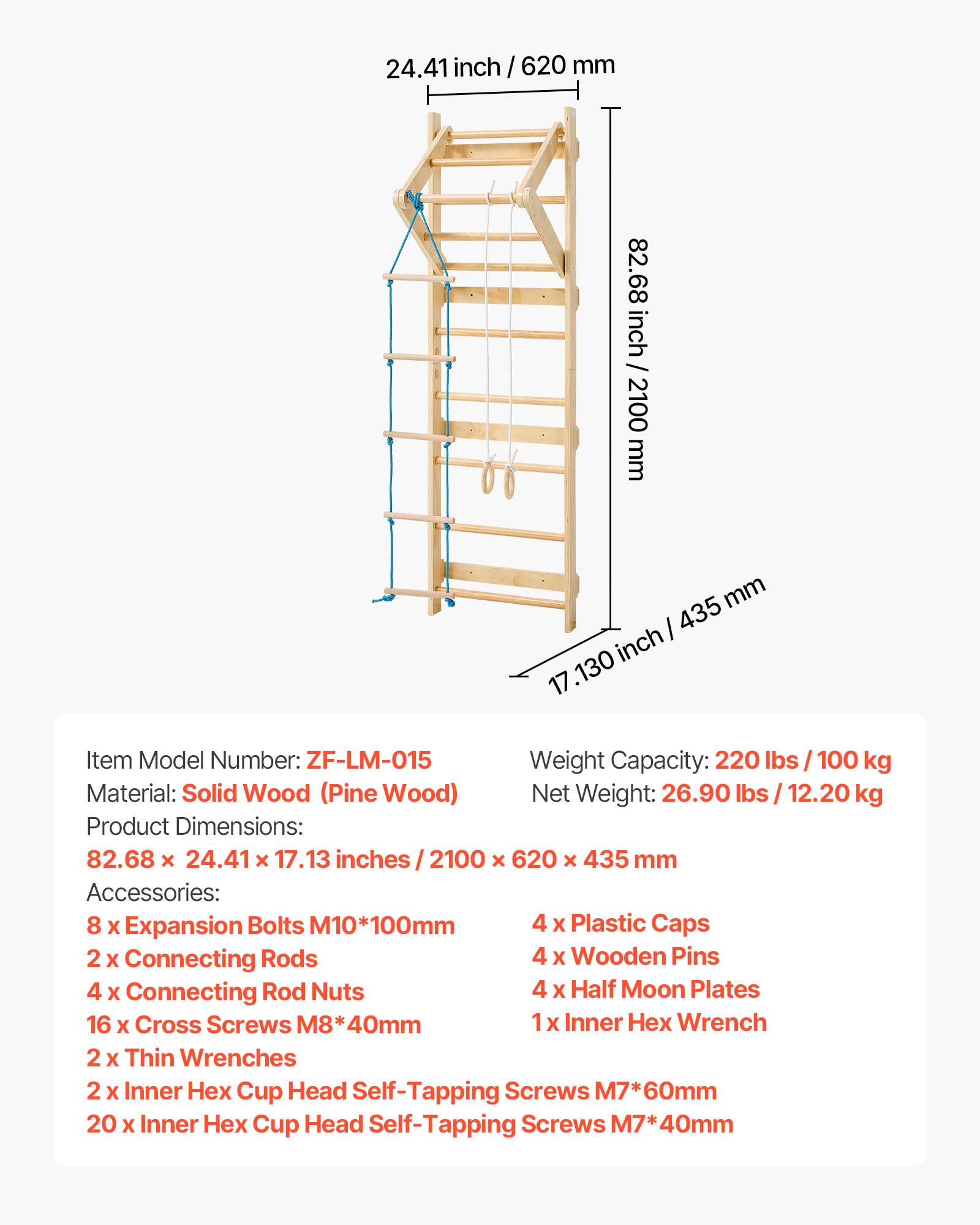 Vevor - VEVOR Espalier mural en bois massif 8 niveaux, 4-en-1 avec barre, anneaux et échelle de corde, charge 100 kg, aire de jeux intérieure. - Image 6