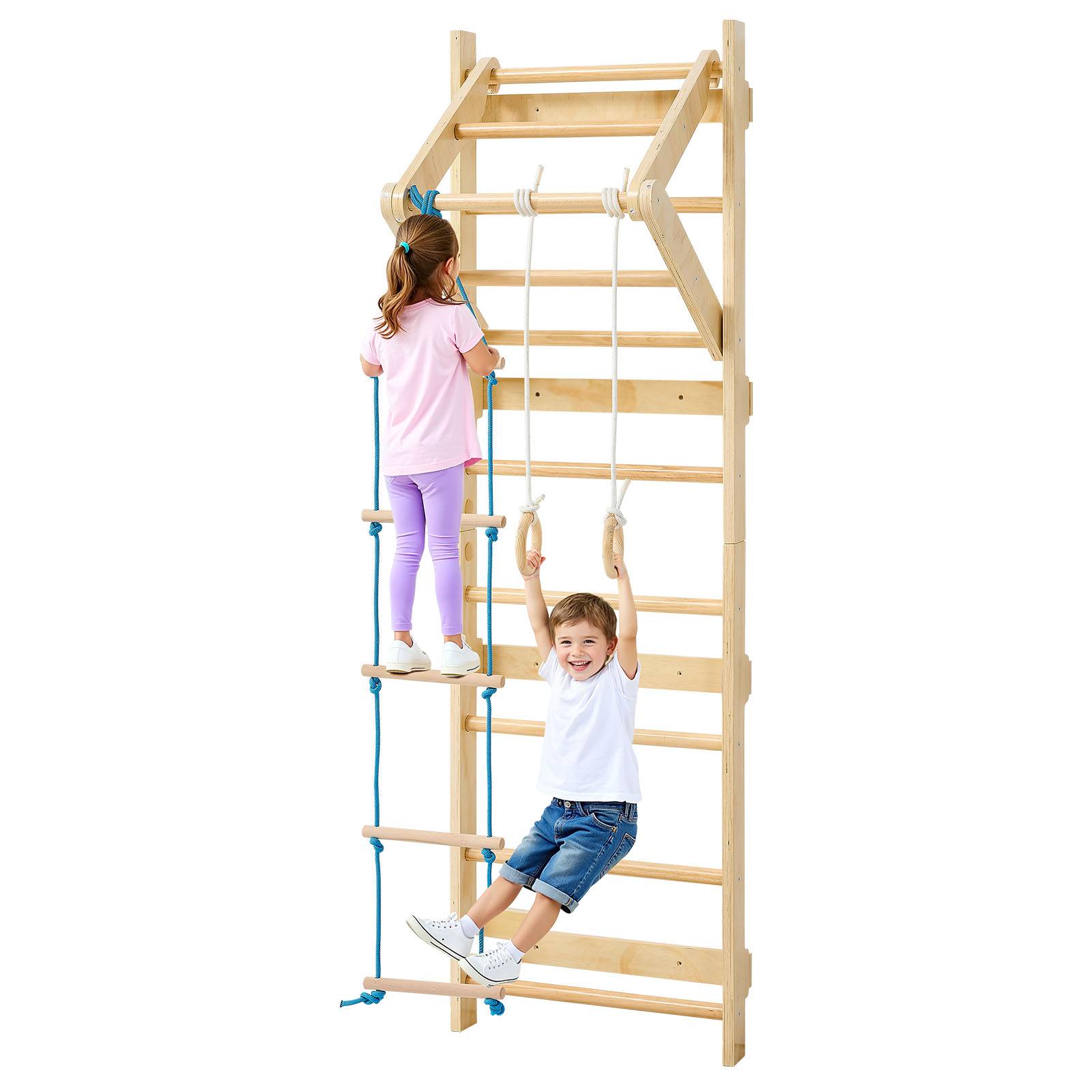 Vevor - VEVOR Espalier mural en bois massif 8 niveaux, 4-en-1 avec barre, anneaux et échelle de corde, charge 100 kg, aire de jeux intérieure. - Image 1