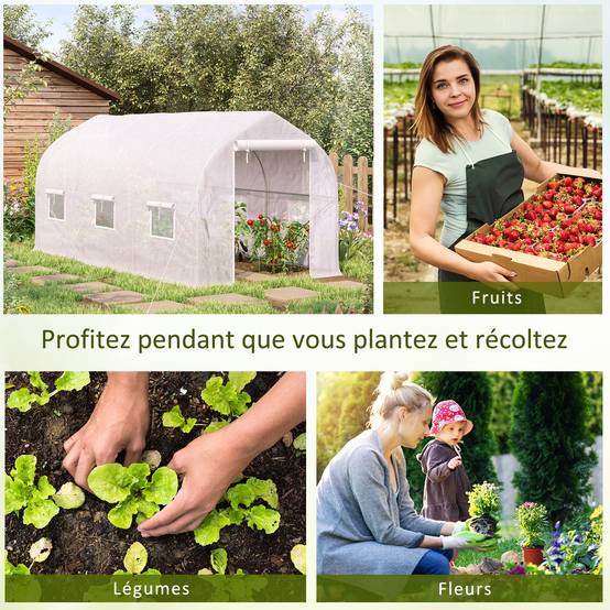 Serre tunnel de jardin 8m², serre de jardin tunnel avec 1 portes et 6 fenêtres, bâche PE 140g/m² 400x200x200cm blanc - Image 9