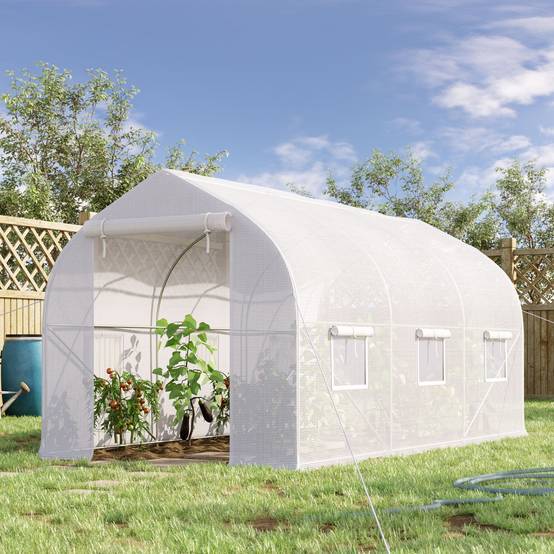 Serre tunnel de jardin 8m², serre de jardin tunnel avec 1 portes et 6 fenêtres, bâche PE 140g/m² 400x200x200cm blanc - Image 4