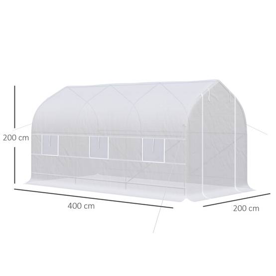Serre tunnel de jardin 8m², serre de jardin tunnel avec 1 portes et 6 fenêtres, bâche PE 140g/m² 400x200x200cm blanc - Image 5