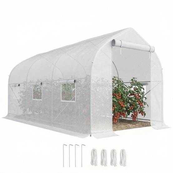 Serre tunnel de jardin 8m², serre de jardin tunnel avec 1 portes et 6 fenêtres, bâche PE 140g/m² 400x200x200cm blanc - Image 1
