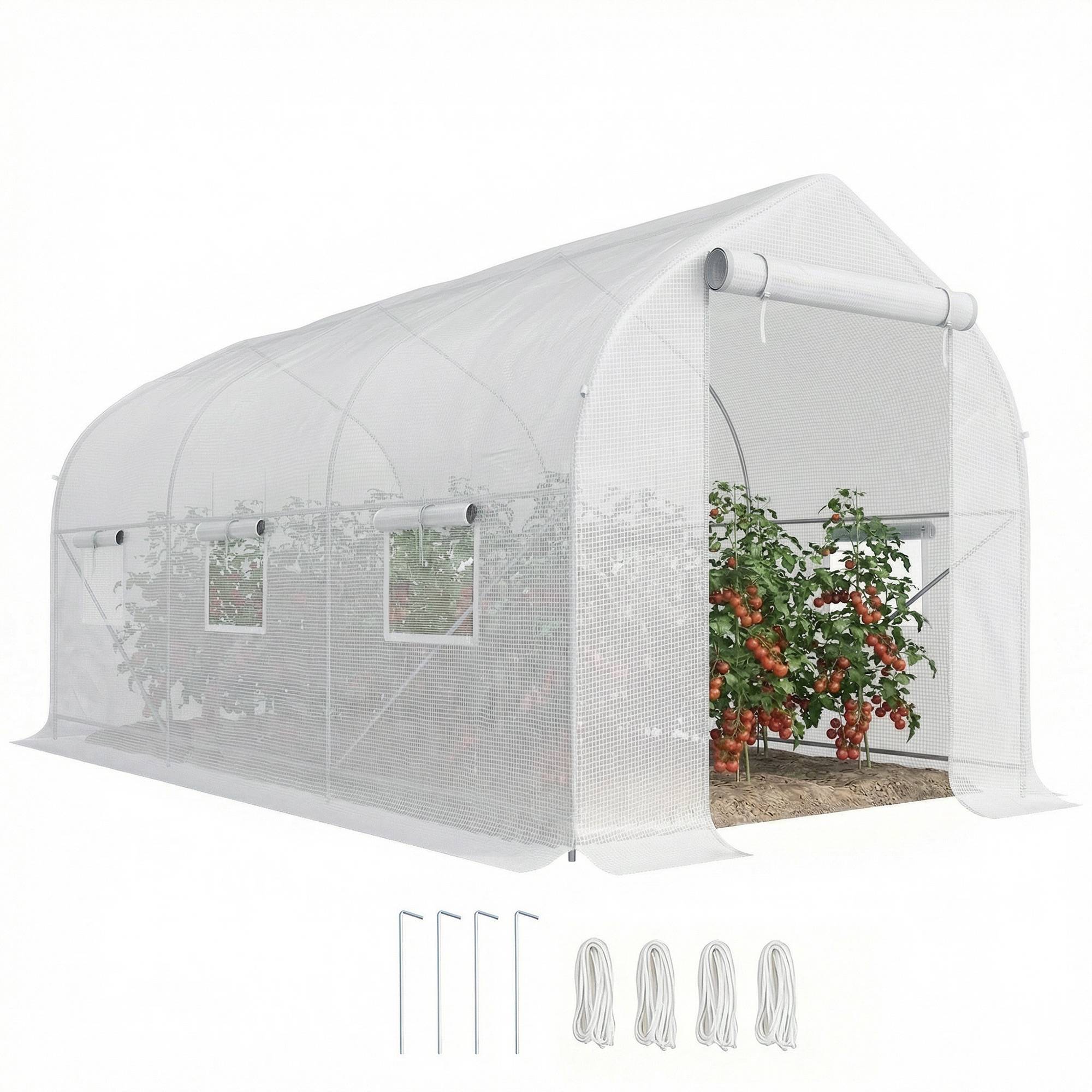 Serre tunnel de jardin 8m², serre de jardin tunnel avec 1 portes et 6 fenêtres, bâche PE 140g/m² 400x200x200cm blanc - Image 1