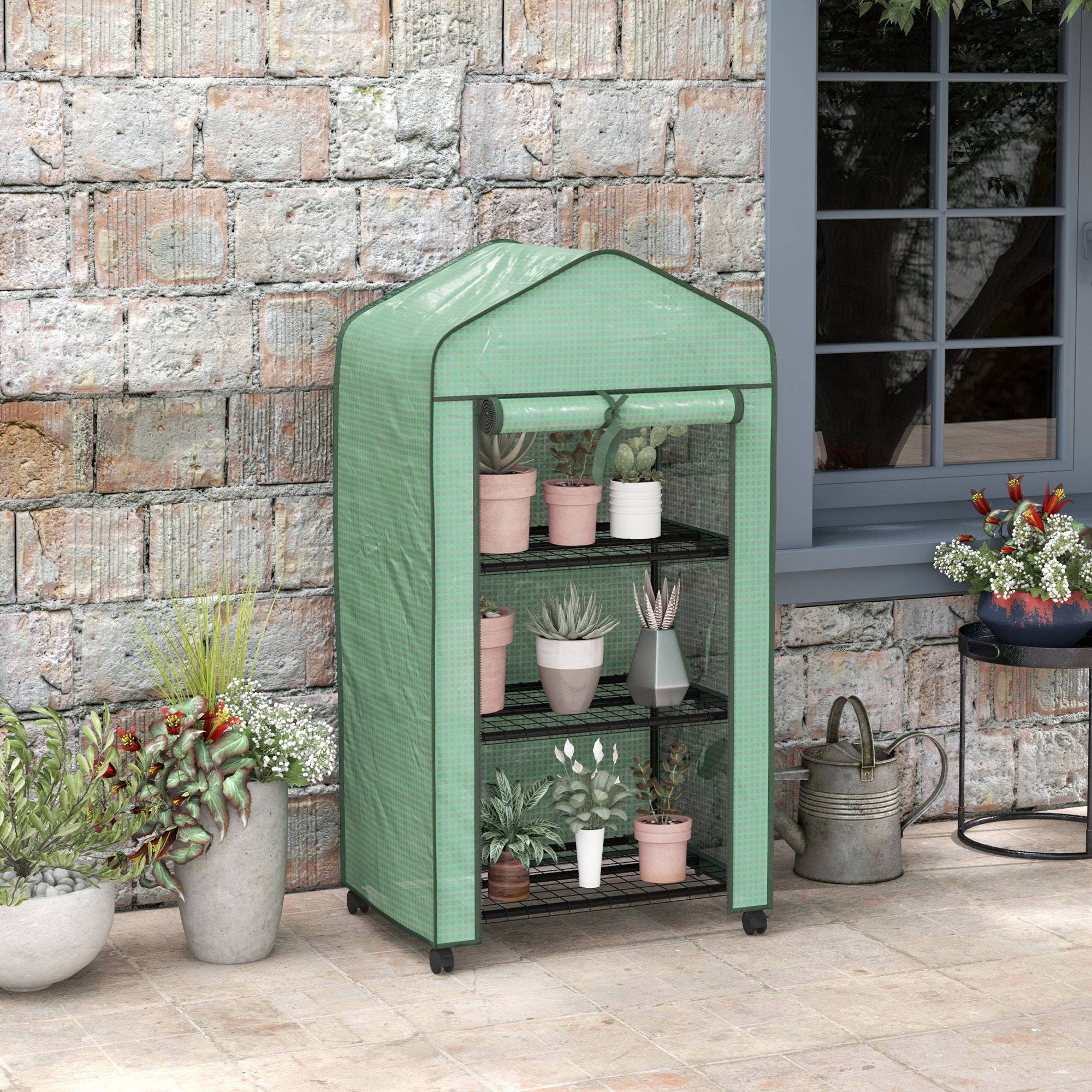 Maison Chic - Mini serre de jardin avec 3 étagères, bâche PE haute densité, porte enroulable, 4 roulettes, 69x49x130cm - Image 2