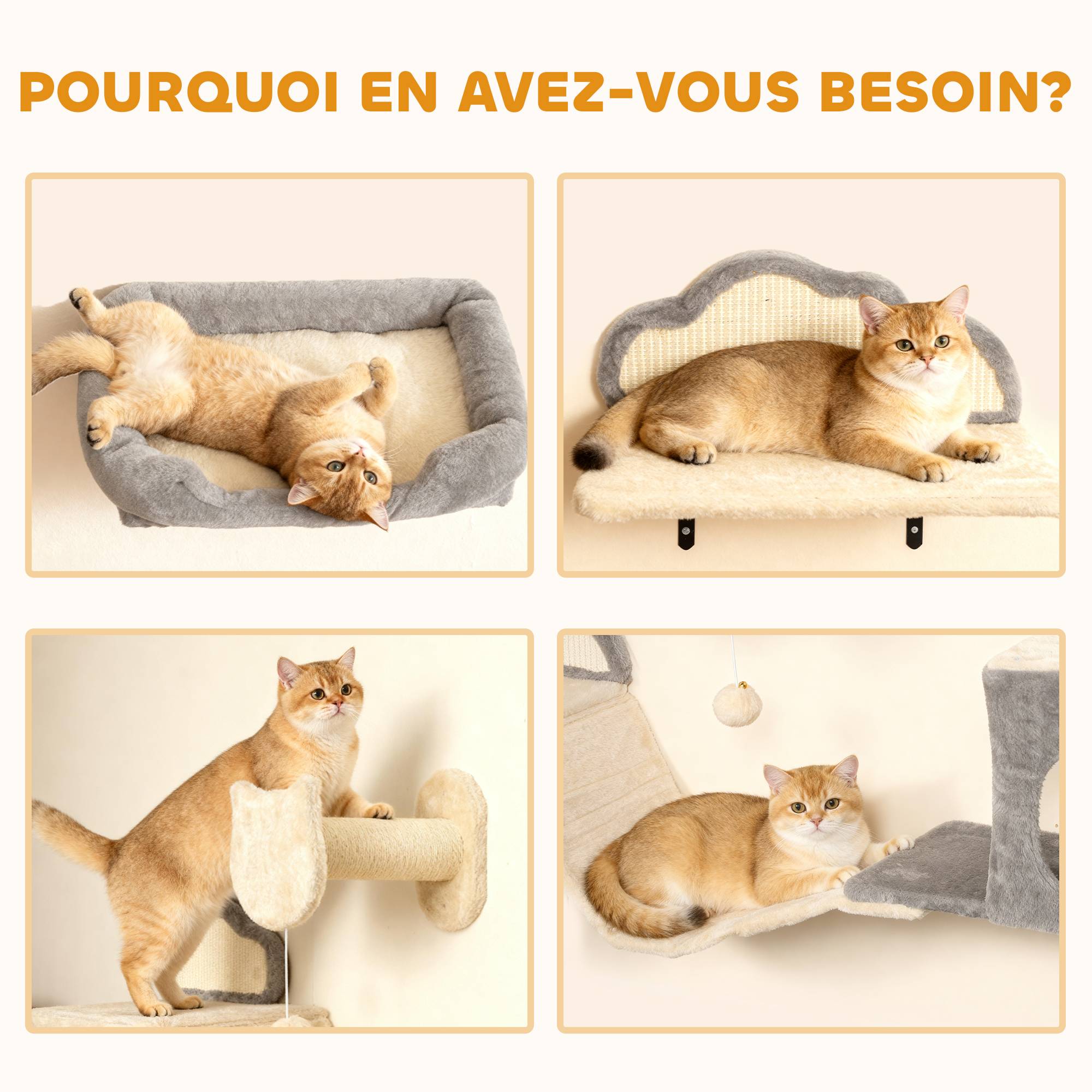Arbre à chat mural 6 pièces particules acrylique intérieur jeu repos 151cm beige - ComfortXL Outdoor Living - Image 9