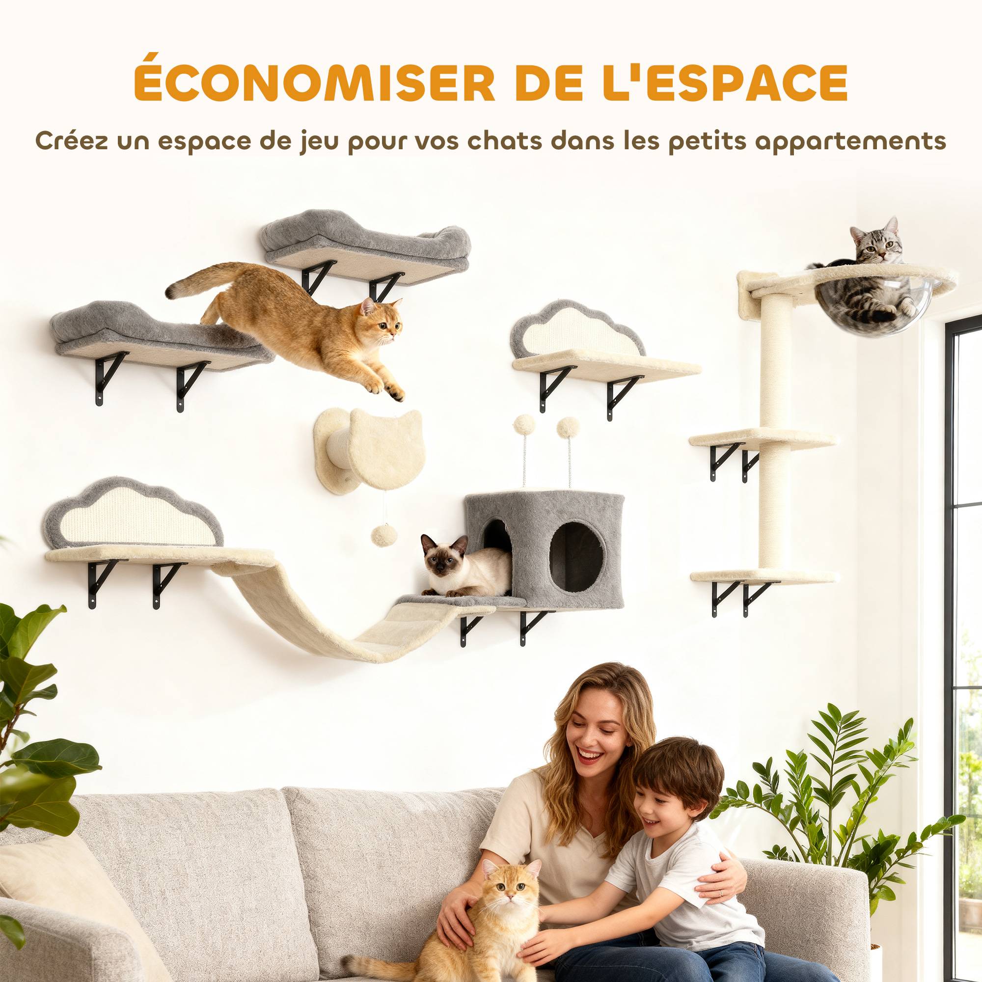 Arbre à chat mural 6 pièces particules acrylique intérieur jeu repos 151cm beige - ComfortXL Outdoor Living - Image 7