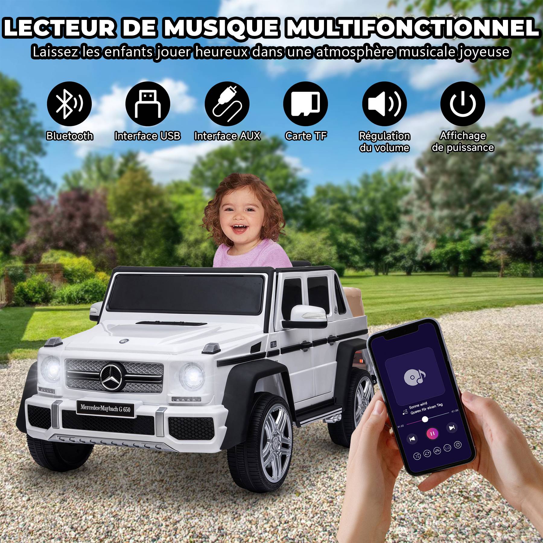 0 - Voiture électrique pour enfants Mercedes-Maybach G650 - ORYXEARTH - Blanc - Batterie 12V - Vitesse 3-5 km/h - Image 4