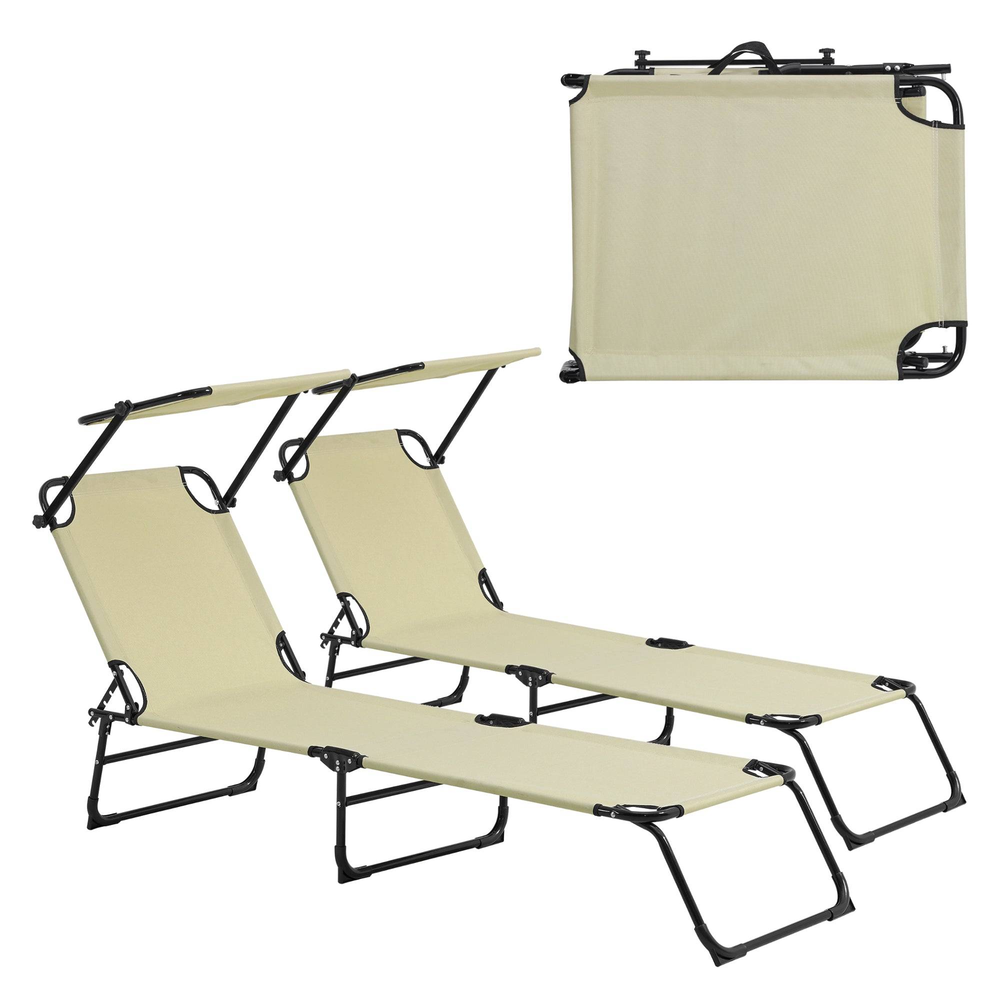 Helloshop26 - Lot de 2 transats pliable avec toiture pare soleil de relax acier 190 cm crème - Image 1