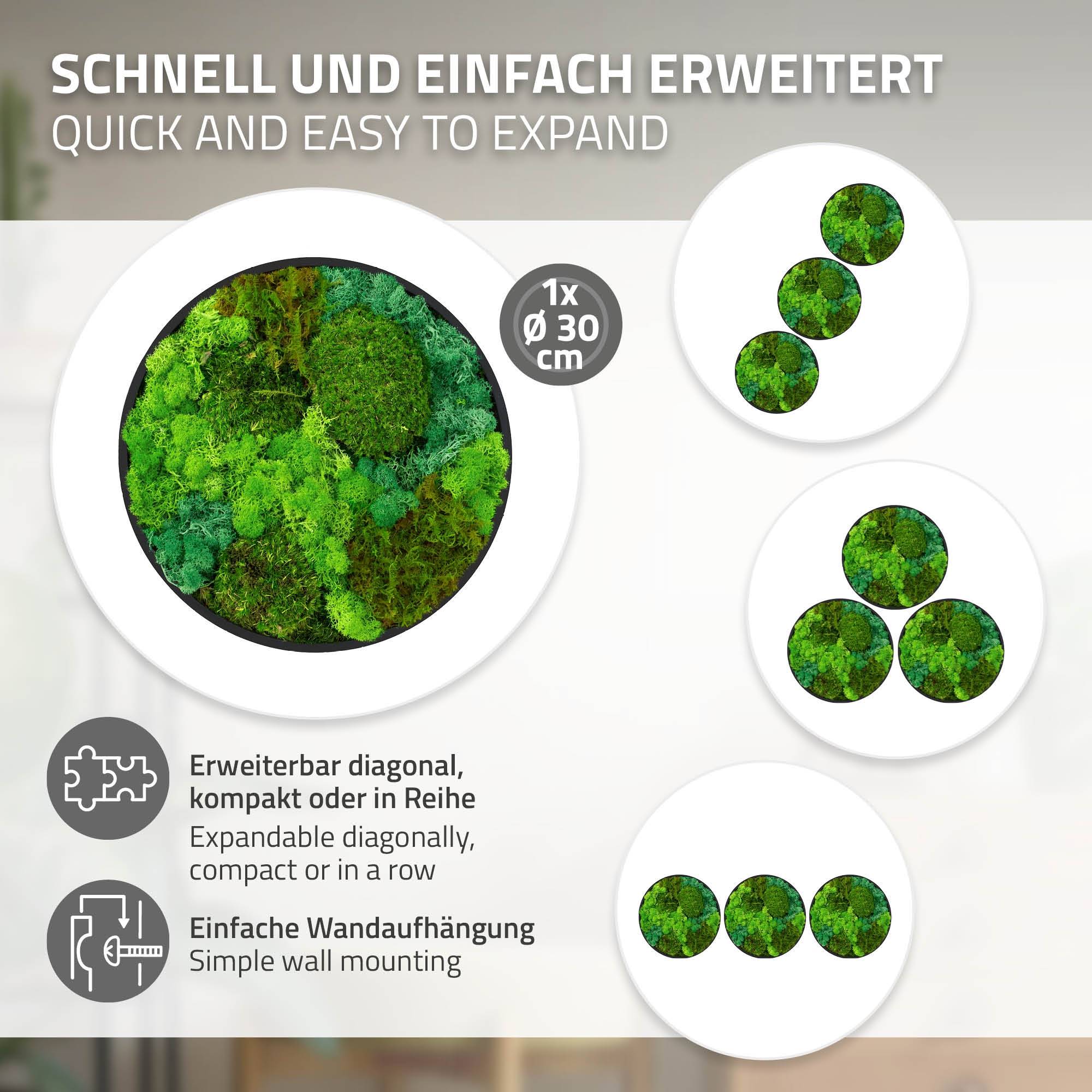 Ecd-Germany - Tableau végétal mural, mélange de mousses stabilisées, cadre en MDF rond Ø 30 cm, vert, décoration d'intérieur effet 3D, sans entretien, pièce unique - Image 4