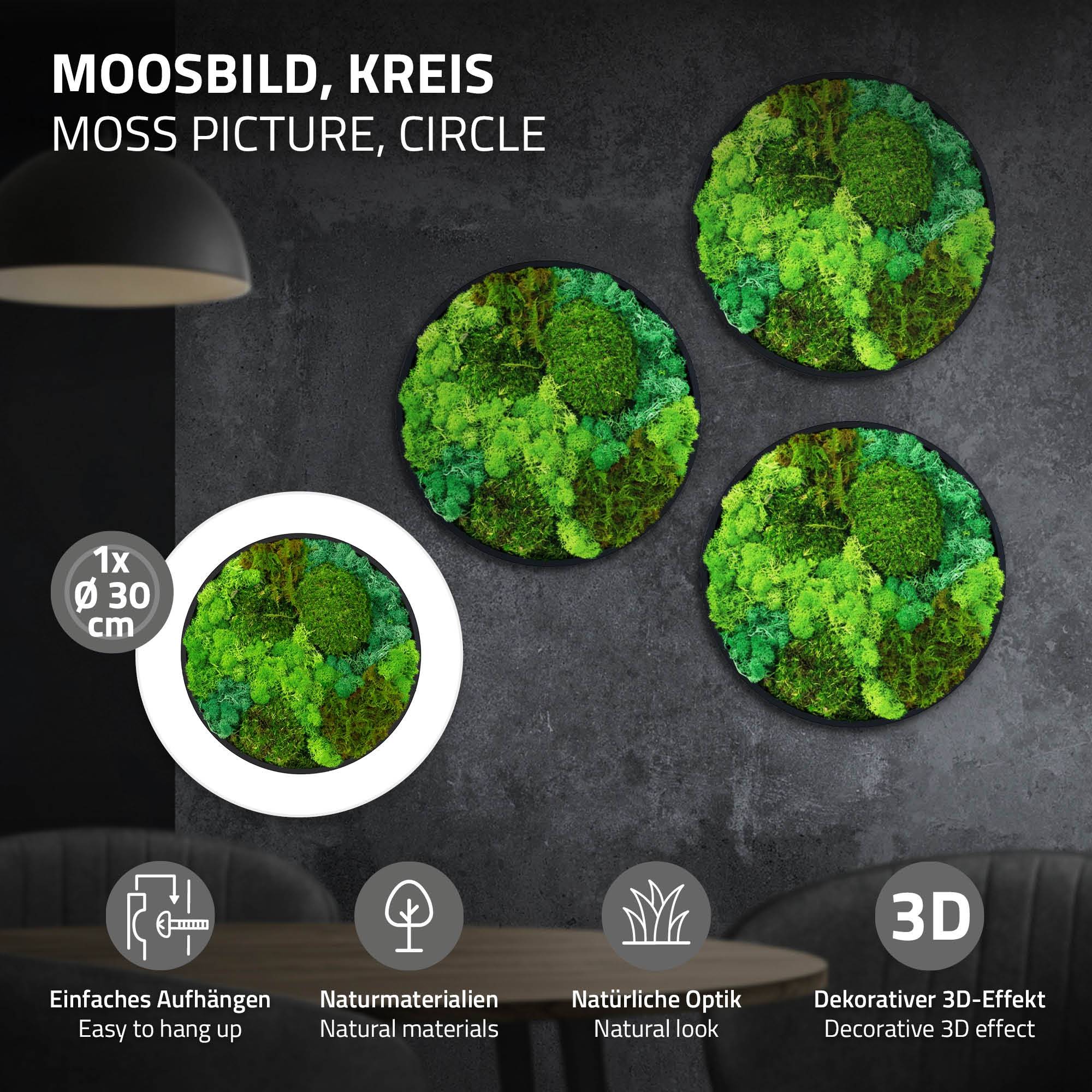 Ecd-Germany - Tableau végétal mural, mélange de mousses stabilisées, cadre en MDF rond Ø 30 cm, vert, décoration d'intérieur effet 3D, sans entretien, pièce unique - Image 2