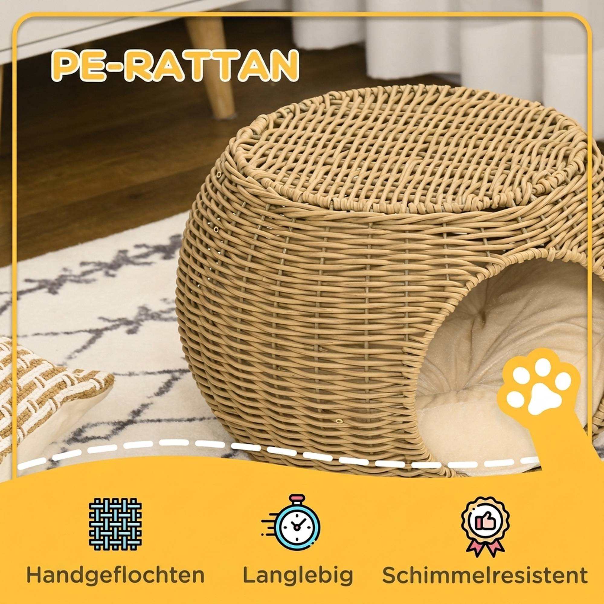 ComfortXL - Panier pour chat rotin PE marron Ø40 x 30 cm couchage 2 niveaux avec coussin doux pour chat jusqu’à 3,5 kg - Image 4