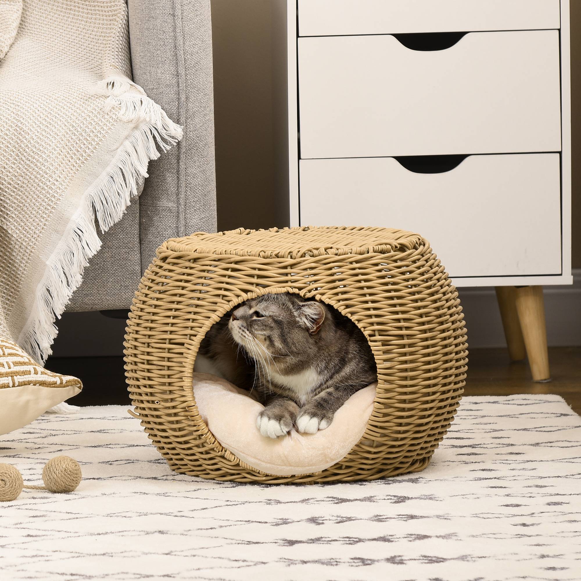 ComfortXL - Panier pour chat rotin PE marron Ø40 x 30 cm couchage 2 niveaux avec coussin doux pour chat jusqu’à 3,5 kg - Image 1