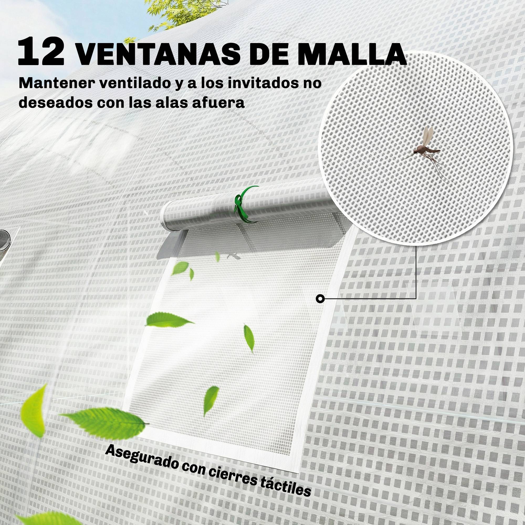 Serre tunnel avec 2 barres de support, 2 portes enroulables et fenêtres en filet, bâche en PE anti-UV, blanche - Image 10