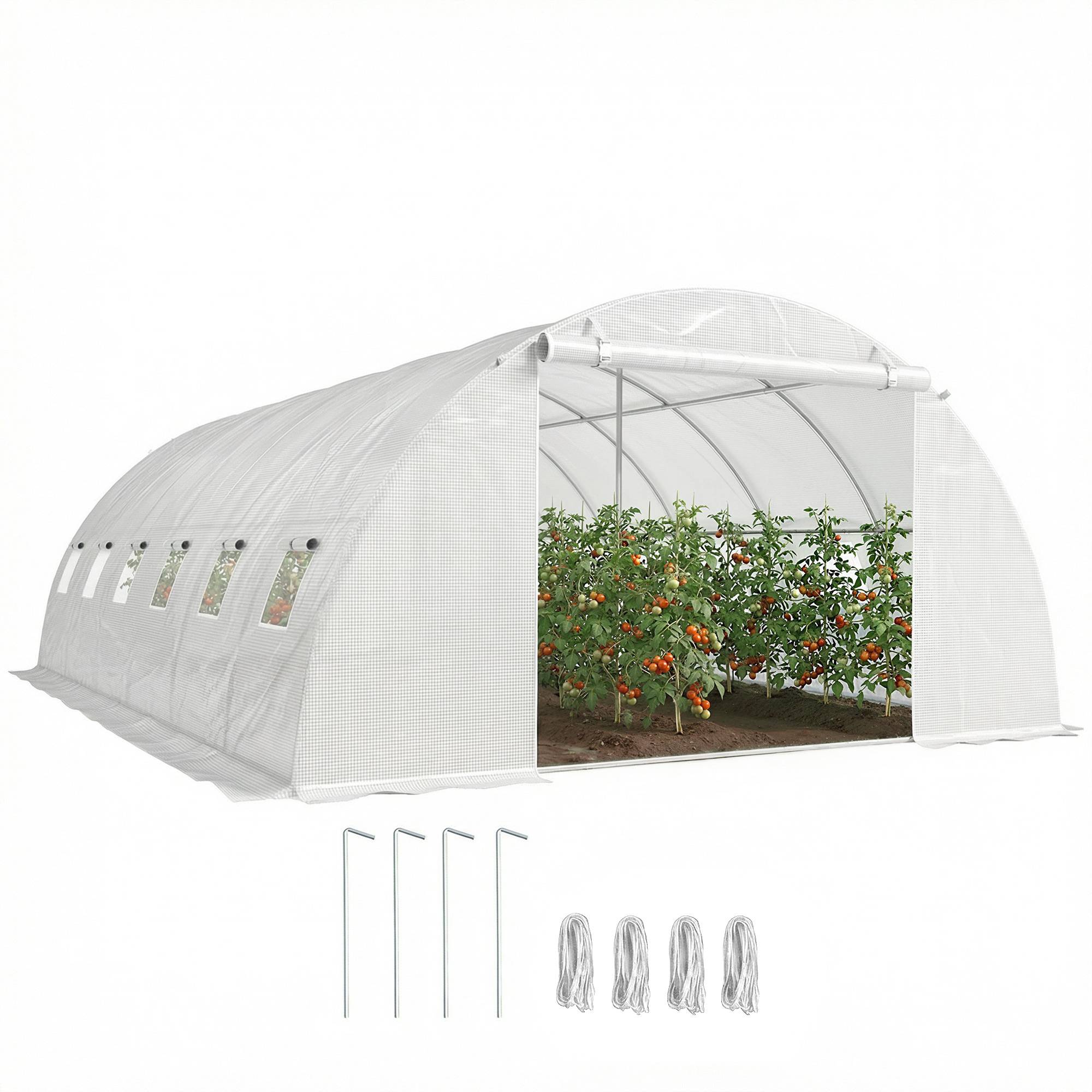 Serre tunnel avec 2 barres de support, 2 portes enroulables et fenêtres en filet, bâche en PE anti-UV, blanche - Image 1
