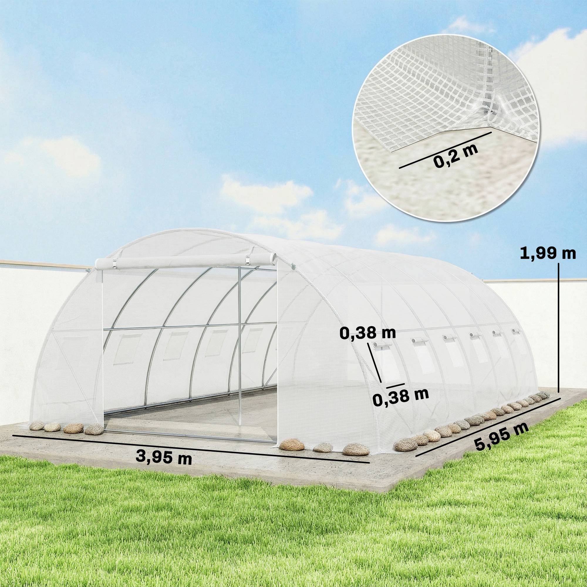 Serre tunnel avec 2 barres de support, 2 portes enroulables et fenêtres en filet, bâche en PE anti-UV, blanche - Image 5