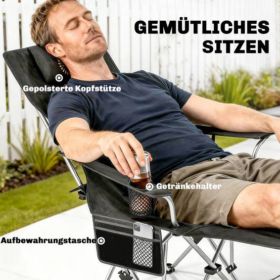 Lot 2 chaises camping métal Oxford pour pêche dossier réglable 125x48x90cm noir - ComfortXL Outdoor Living - Image 7