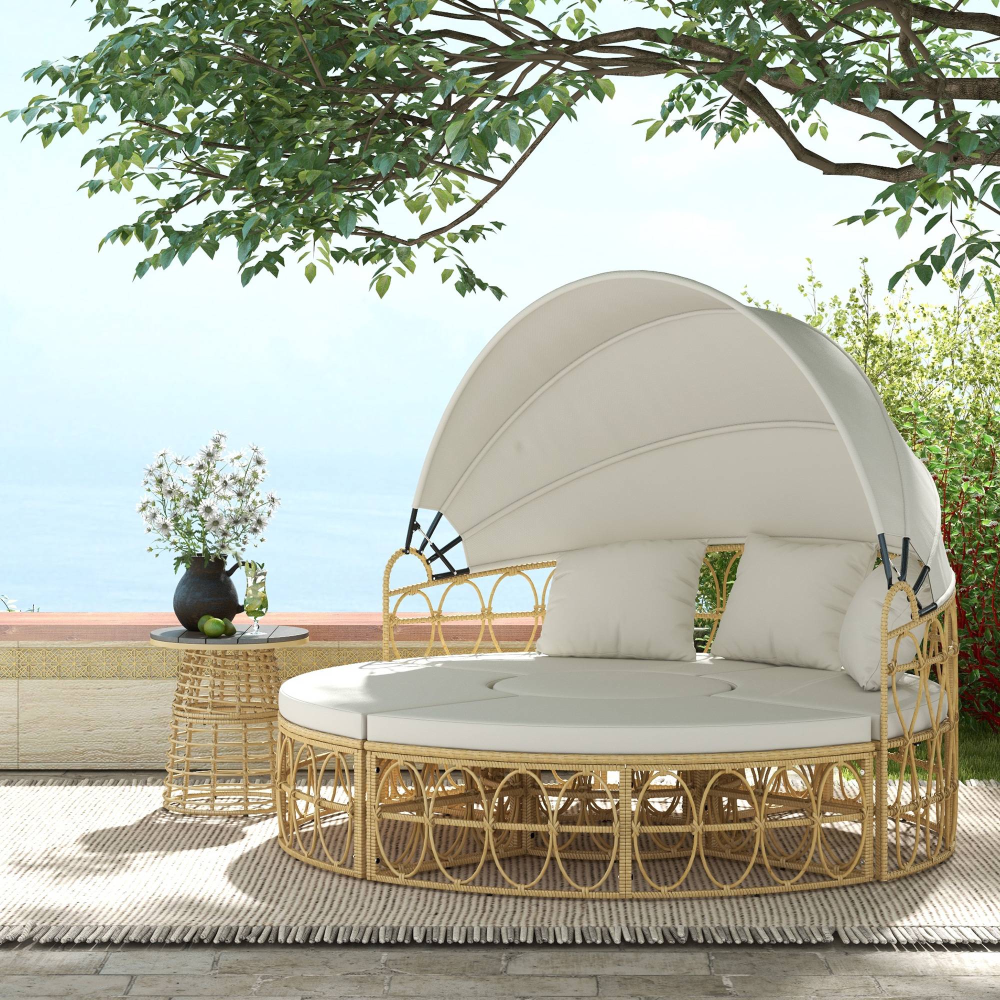 Lit de soleil modulable résine tressée jardin toit rétractable 178x85cm beige - ComfortXL Outdoor Living