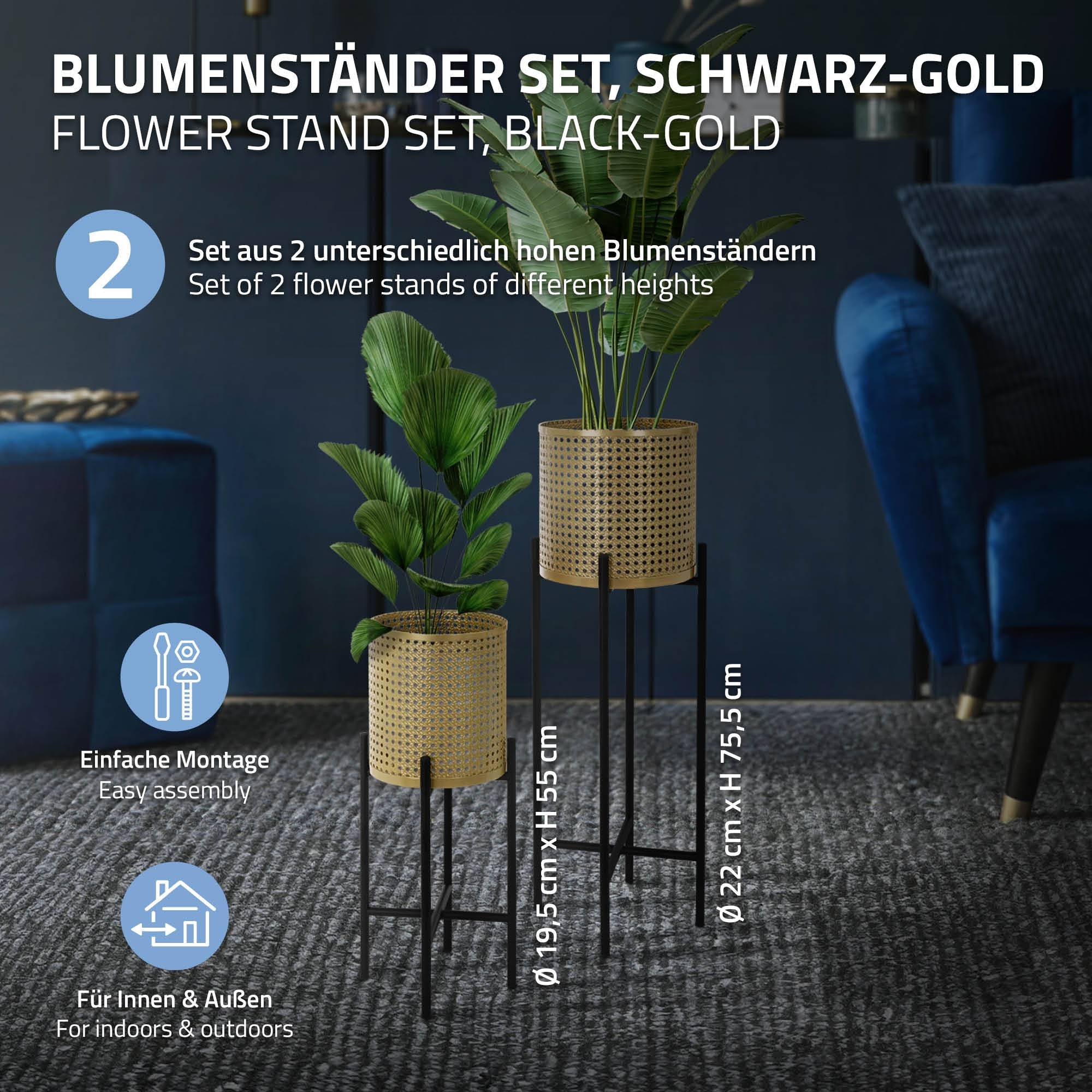 Ml-Design - 2x Support de plantes noir/or en acier h: 55 et 75,5 cm pot de fleurs décoratif - Image 2