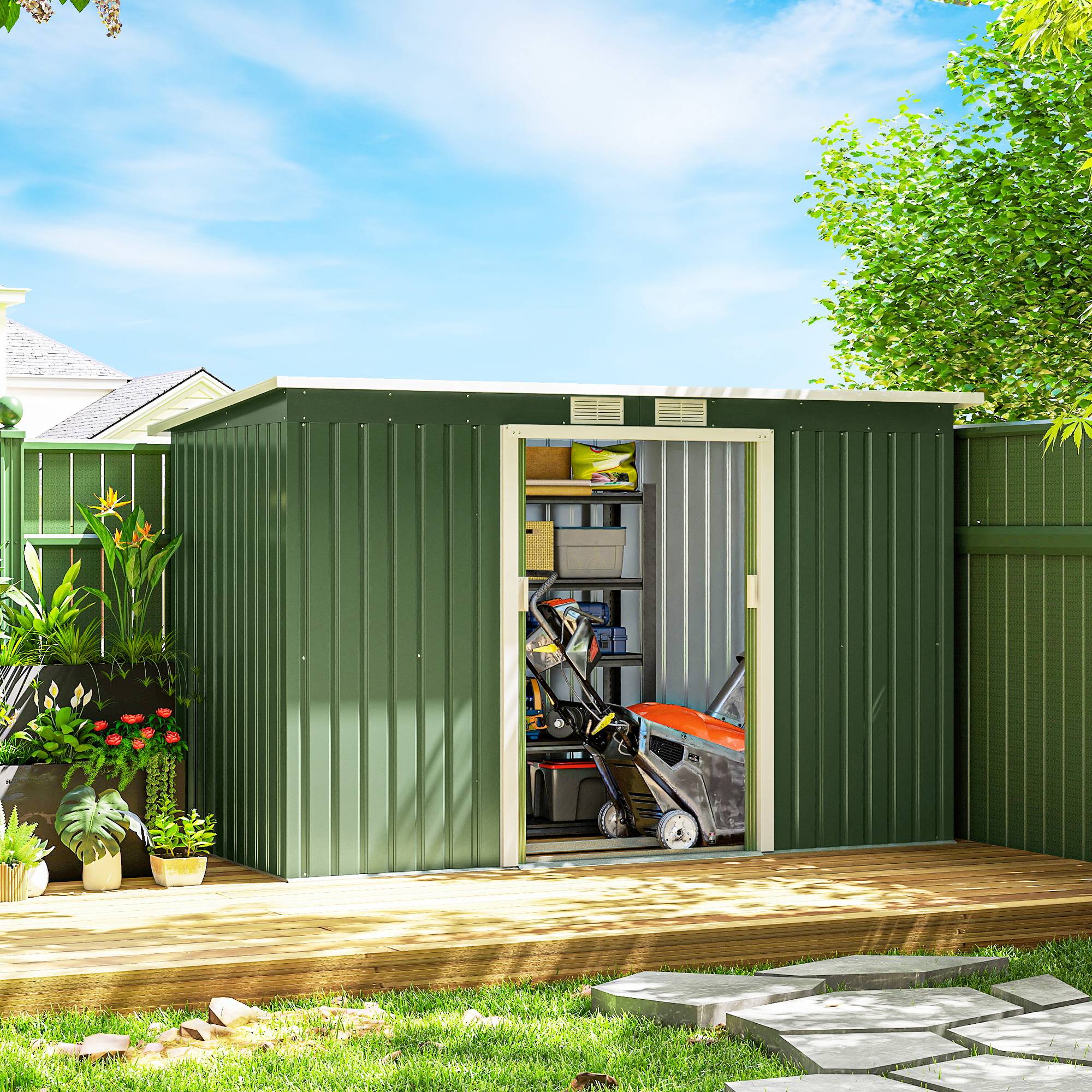 Abri de jardin extérieur 280 x 130 x 172 cm avec portes coulissantes, fond et ventilation, vert clair - Image 4