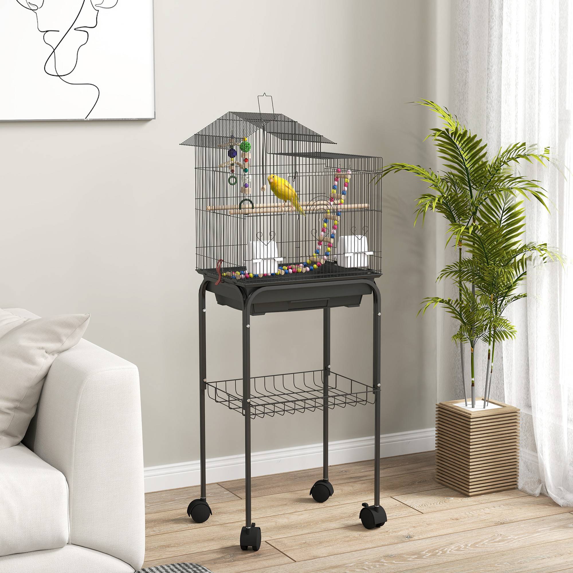 Sans Marque - Cage à oiseaux sur roues 46 x 36 x 120 cm 2 mangeoires 2 perchoirs étagère cage pour perruche calopsitte conure pinson canaris - Image 3