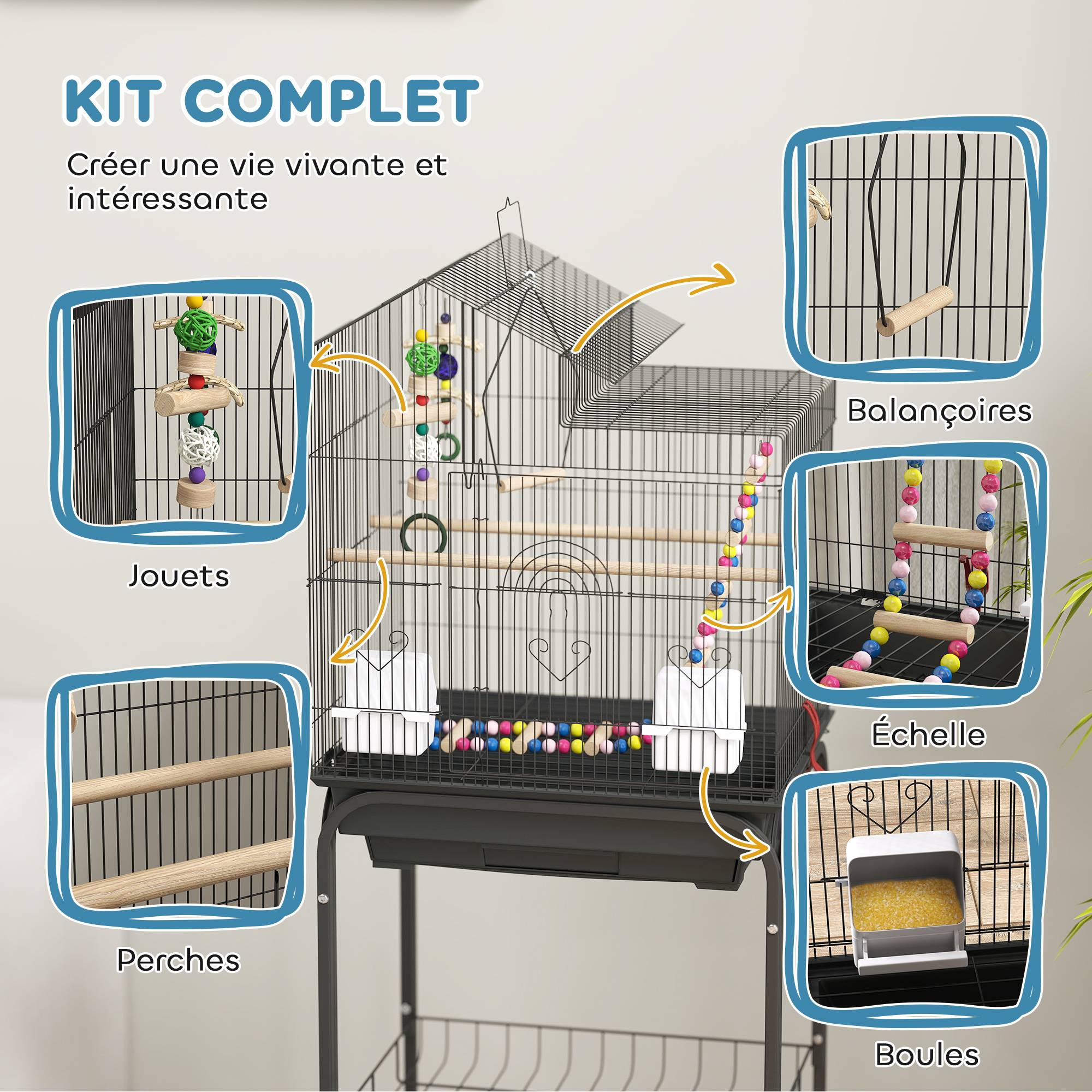 Sans Marque - Cage à oiseaux sur roues 46 x 36 x 120 cm 2 mangeoires 2 perchoirs étagère cage pour perruche calopsitte conure pinson canaris - Image 6