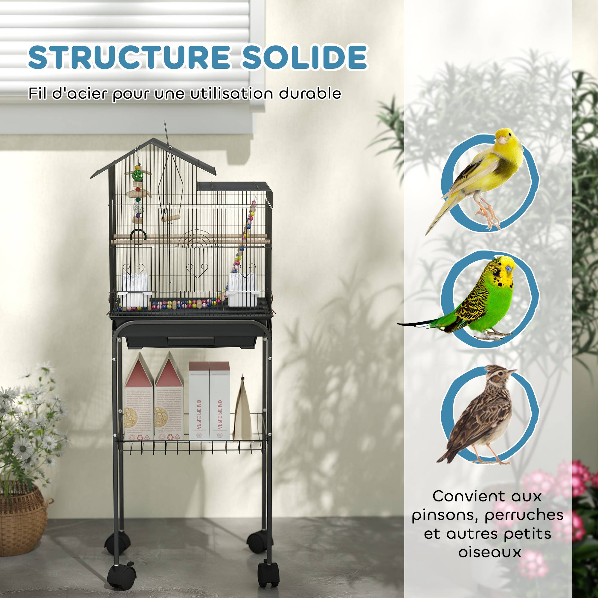 Sans Marque - Cage à oiseaux sur roues 46 x 36 x 120 cm 2 mangeoires 2 perchoirs étagère cage pour perruche calopsitte conure pinson canaris - Image 8