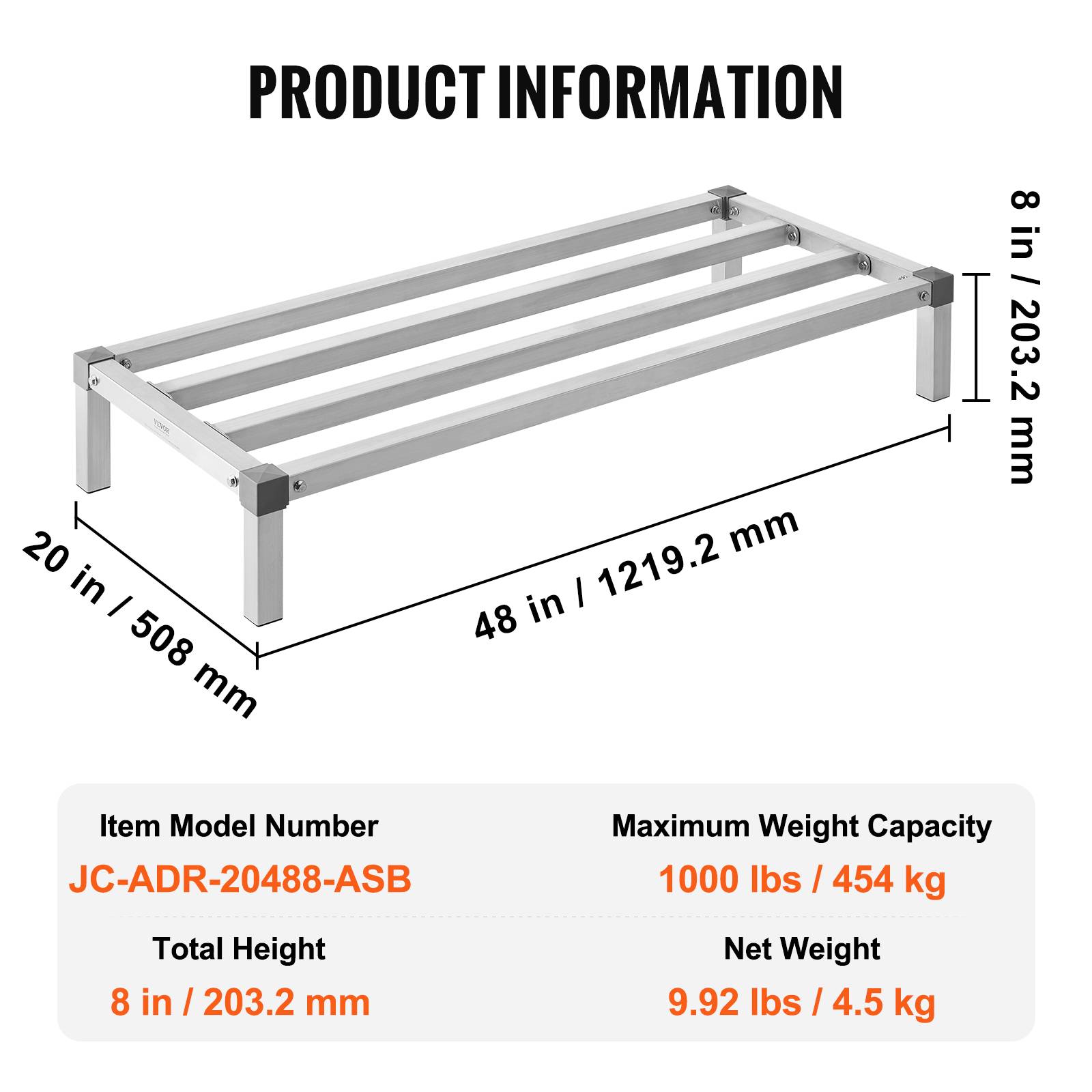 VEVOR Rack calage alu 121.9x50.8x20.3cm, charge 454kg, restaurant. - Image 7