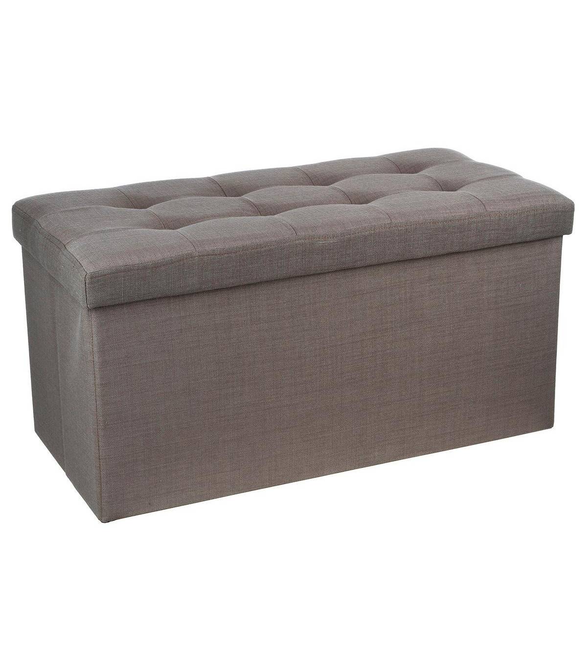 2 en 1 Pouf pliant double et coffre de rangement Gris taupe aspect Lin 76 x H 38 cm - Image 1