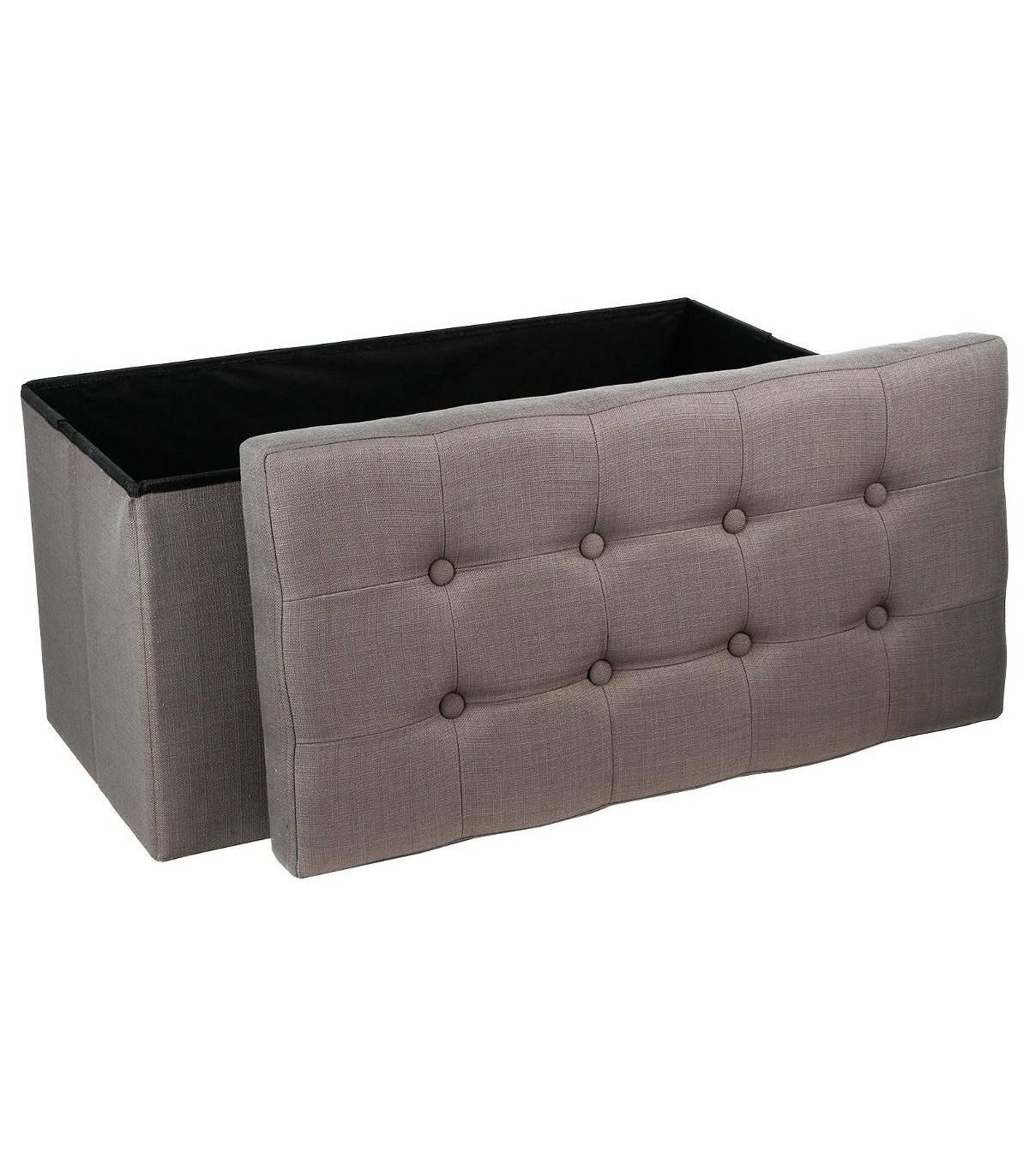 2 en 1 Pouf pliant double et coffre de rangement Gris taupe aspect Lin 76 x H 38 cm - Image 3