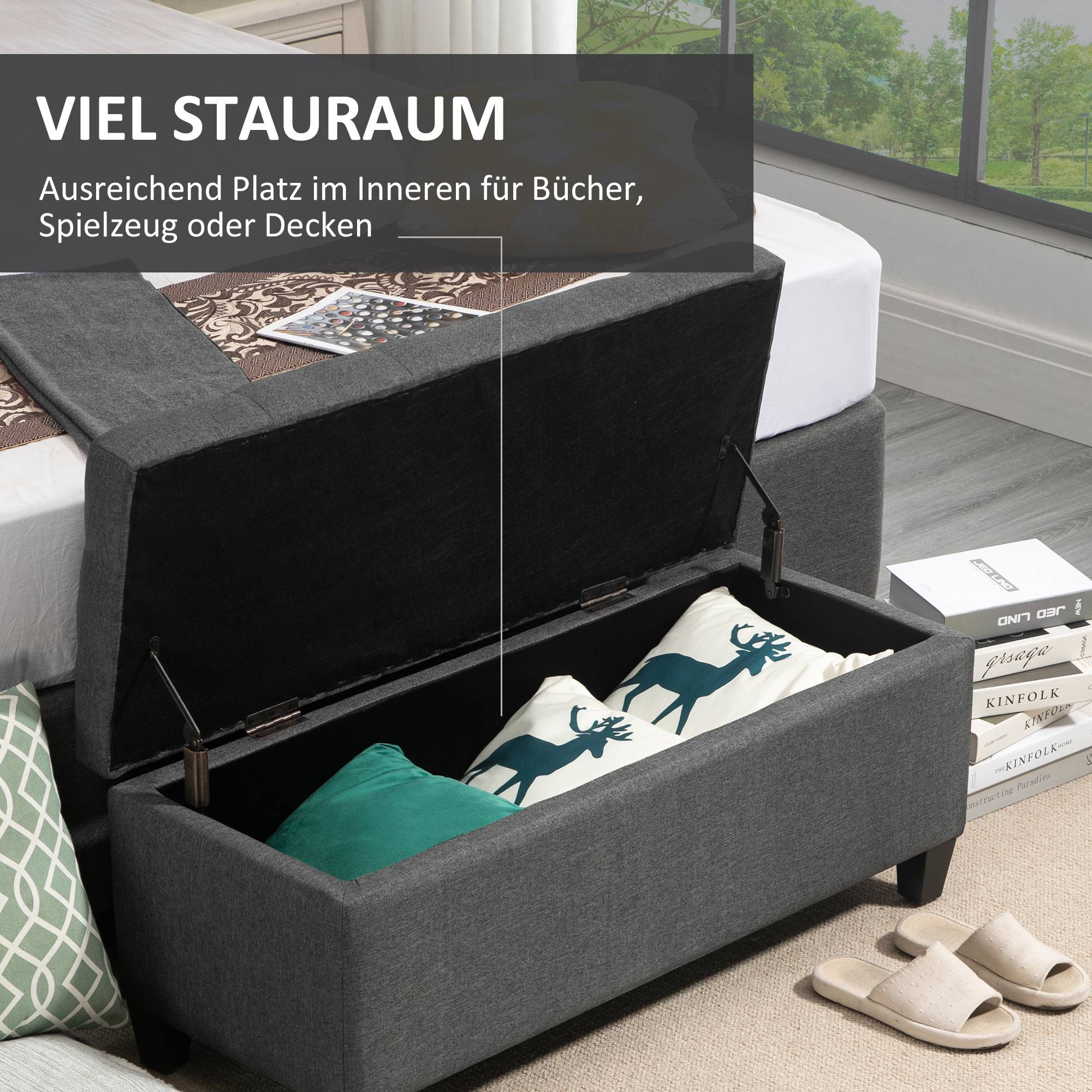 Banc de rangement, banquette capitonnée aspect lin, coffre de rangement avec pieds en bois, banc coffre pour salon,100 x 40 x 44 cm, gris foncé - Image 6