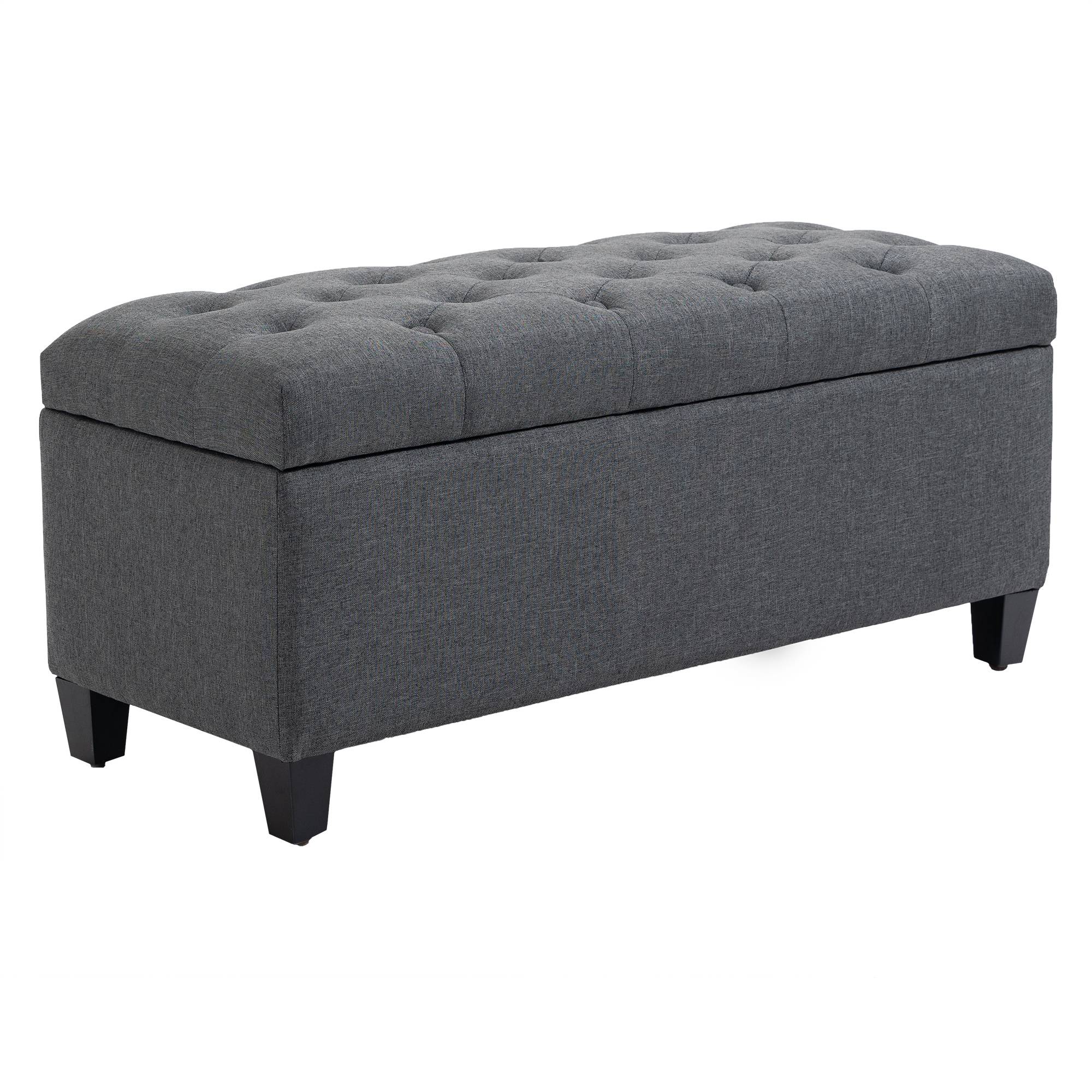 Banc de rangement, banquette capitonnée aspect lin, coffre de rangement avec pieds en bois, banc coffre pour salon,100 x 40 x 44 cm, gris foncé - Image 1