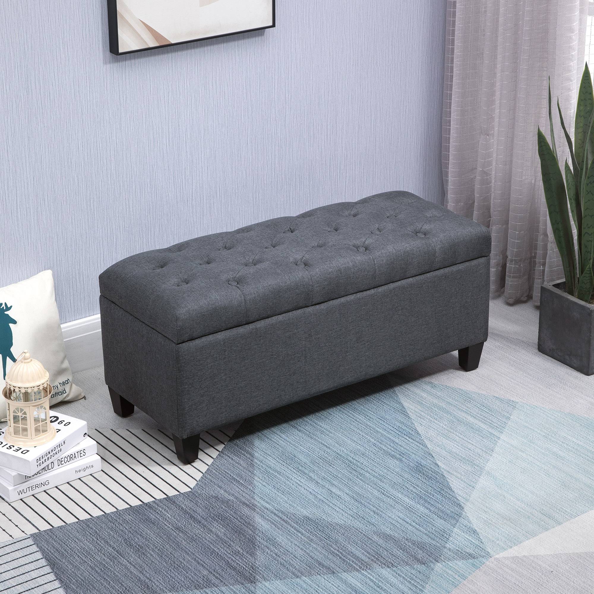 Banc de rangement, banquette capitonnée aspect lin, coffre de rangement avec pieds en bois, banc coffre pour salon,100 x 40 x 44 cm, gris foncé - Image 4