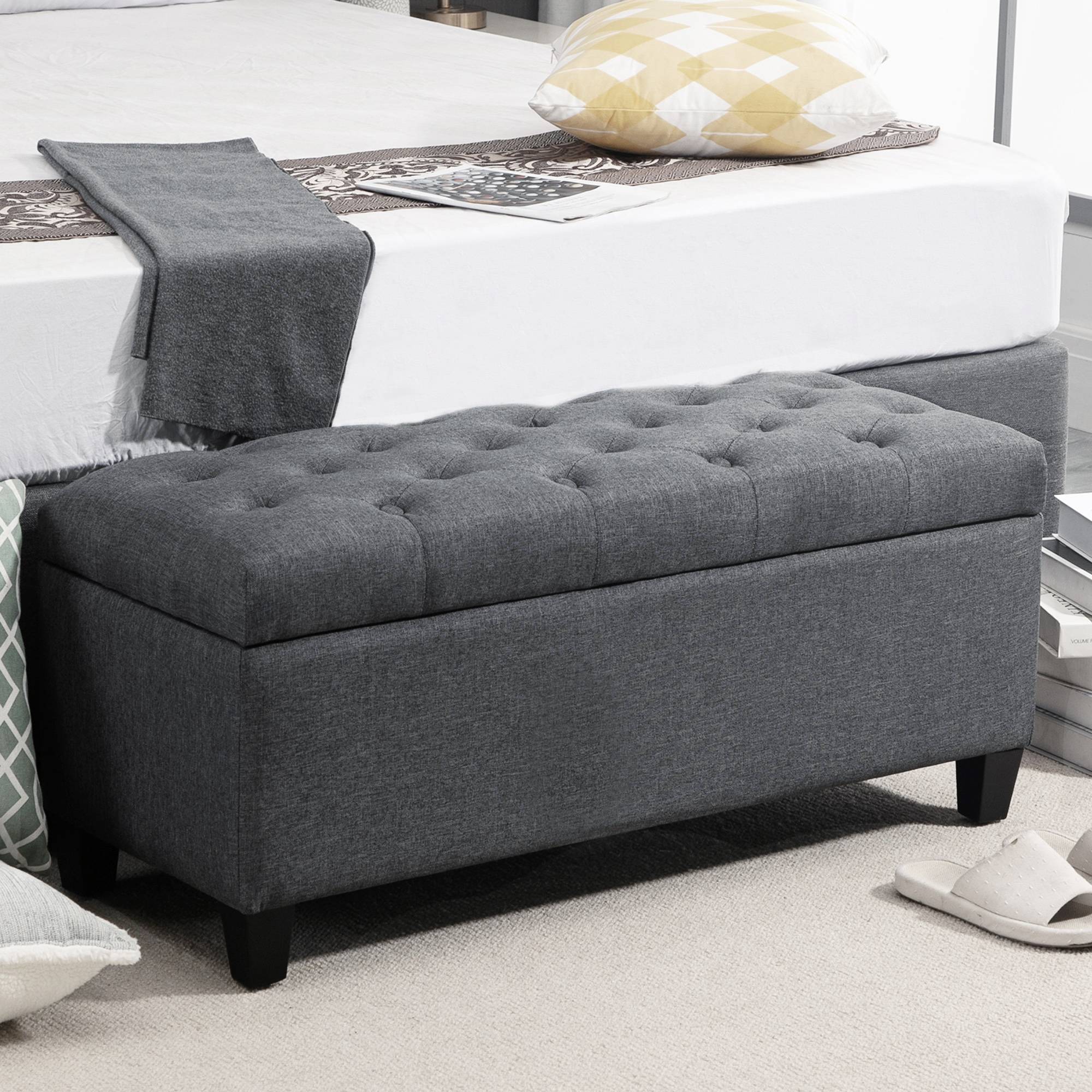 Banc de rangement, banquette capitonnée aspect lin, coffre de rangement avec pieds en bois, banc coffre pour salon,100 x 40 x 44 cm, gris foncé - Image 3